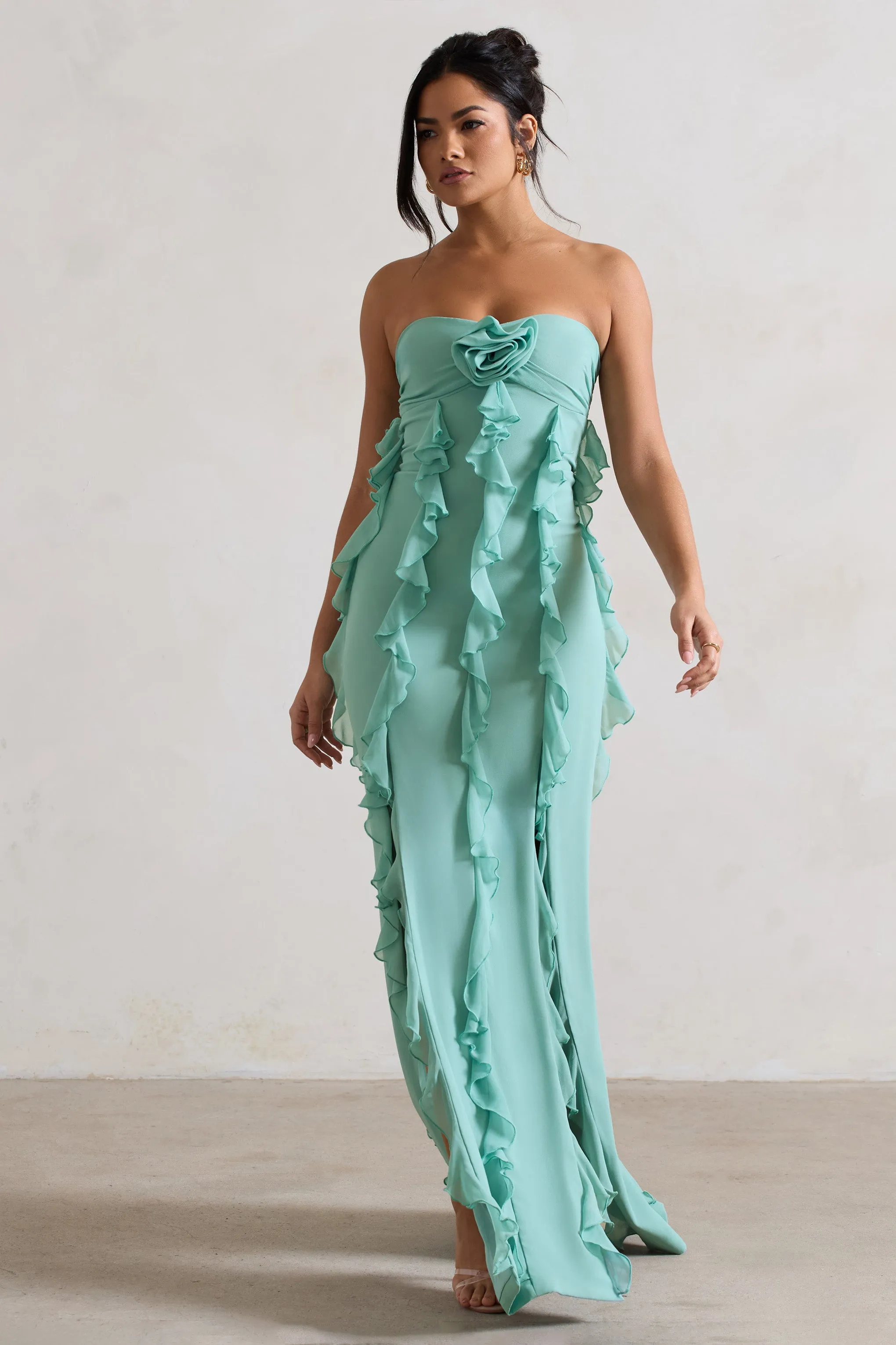 Gardenia | Mint Green Strapless Ruffle Maxi Dress With Corsage Club L London
