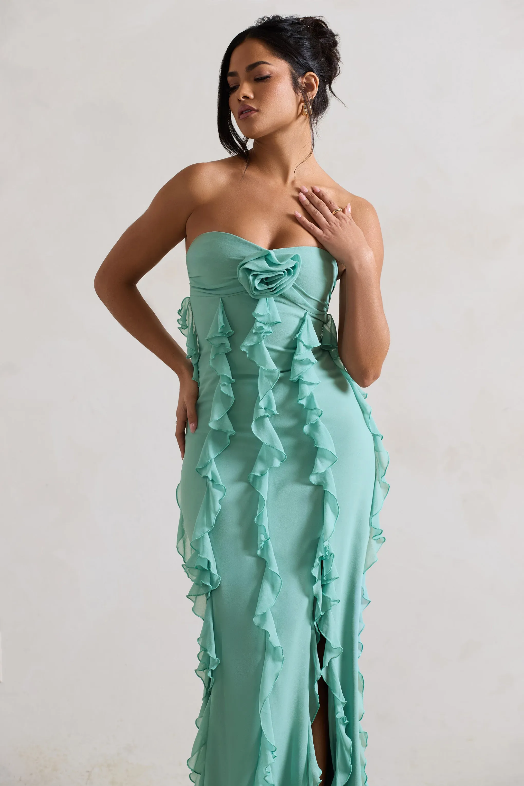 Gardenia | Mint Green Strapless Ruffle Maxi Dress With Corsage Club L London