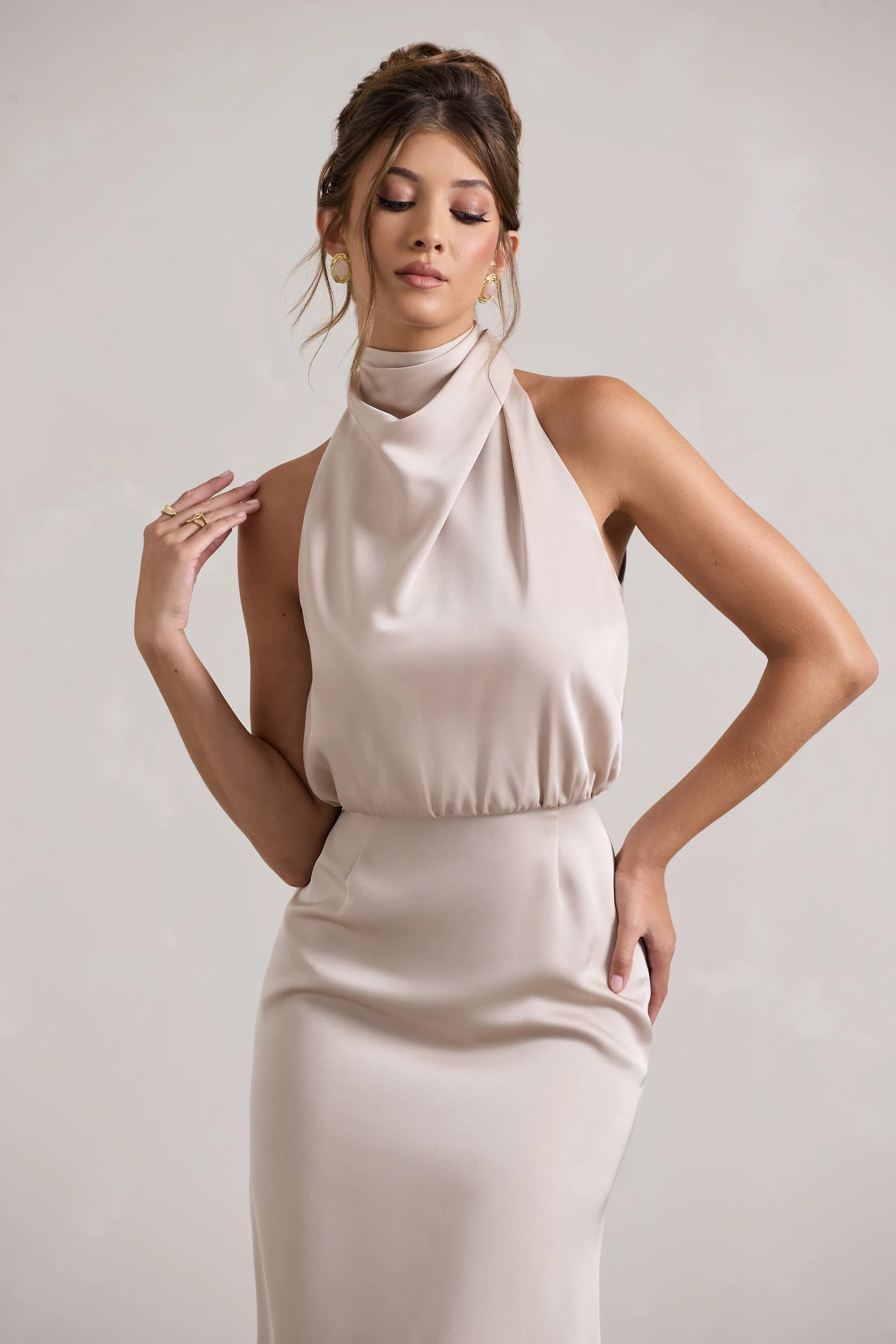 Geena | Champagne Satin Twisted High-Neck Midi Dress Club L London