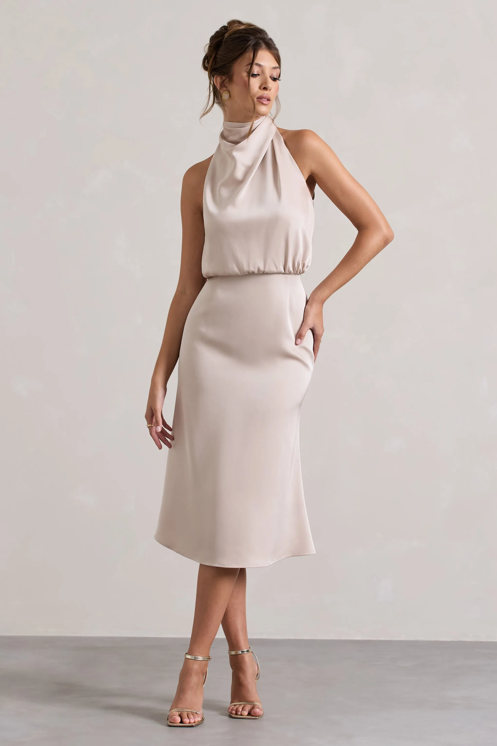 Geena | Champagne Satin Twisted High-Neck Midi Dress Club L London