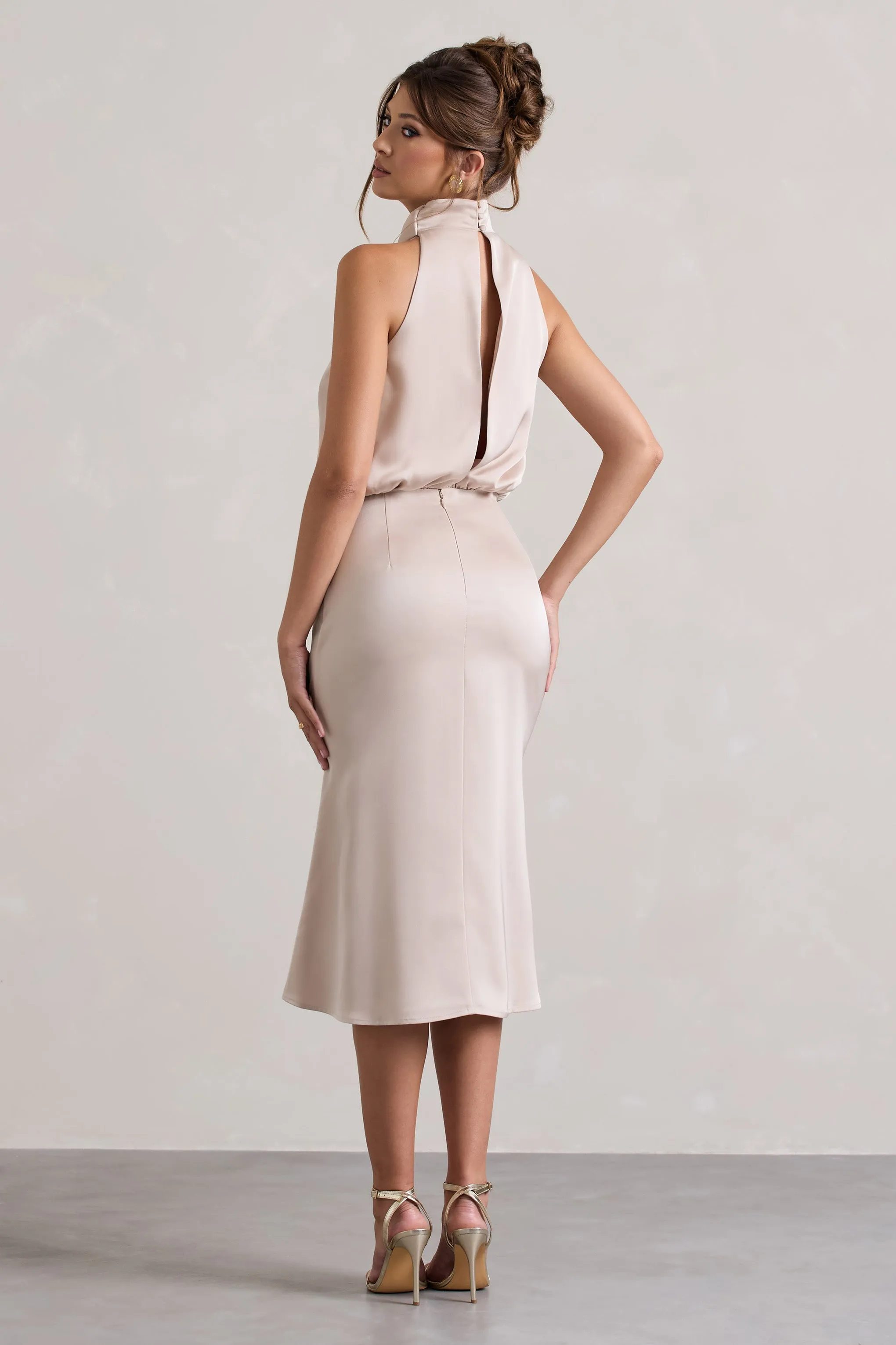 Geena | Champagne Satin Twisted High-Neck Midi Dress Club L London