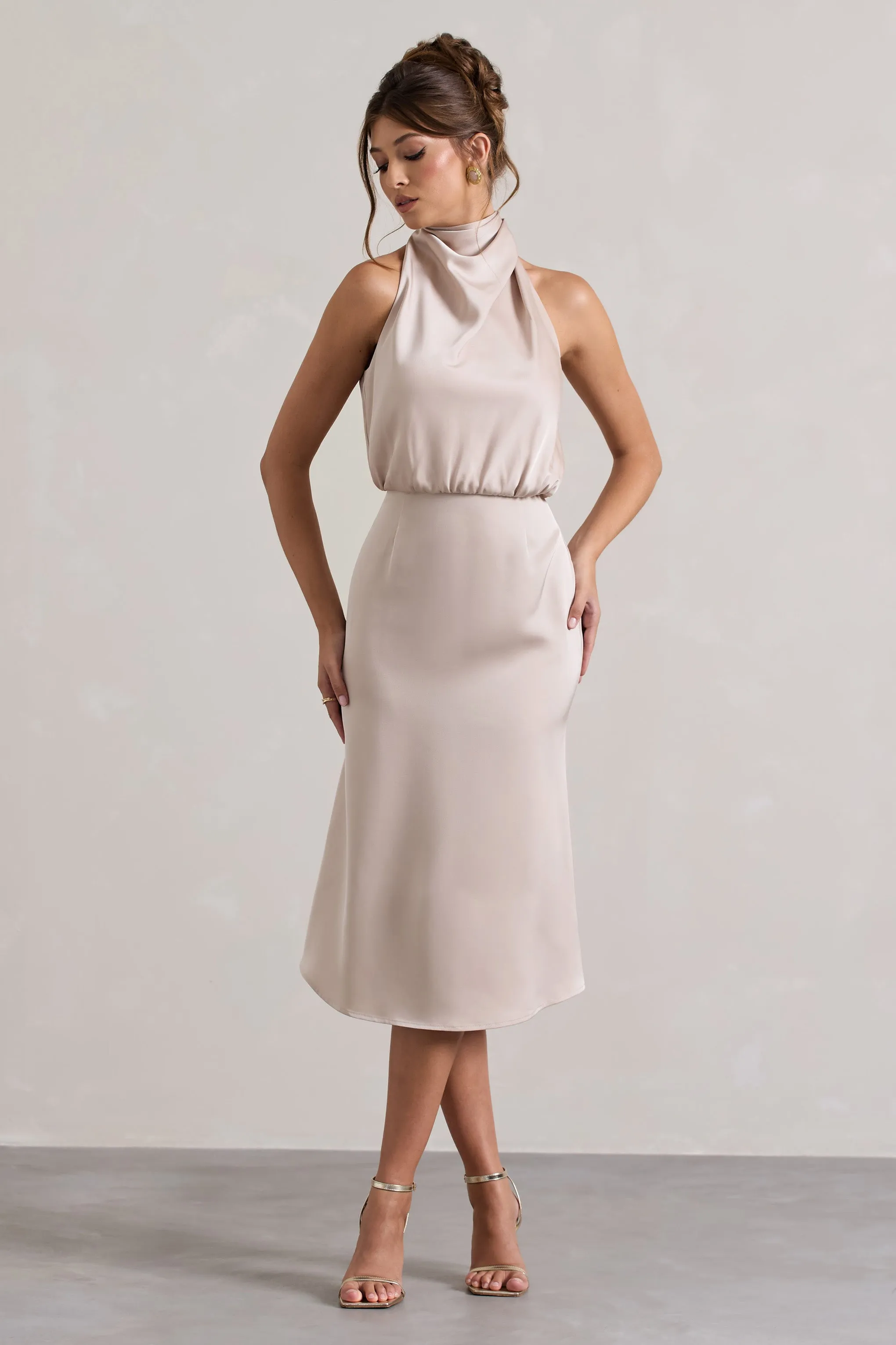 Geena | Champagne Satin Twisted High-Neck Midi Dress Club L London