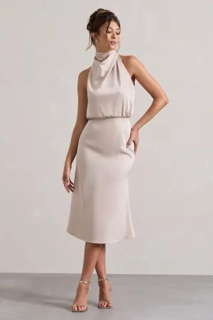 Geena | Champagne Satin Twisted High-Neck Midi Dress Club L London