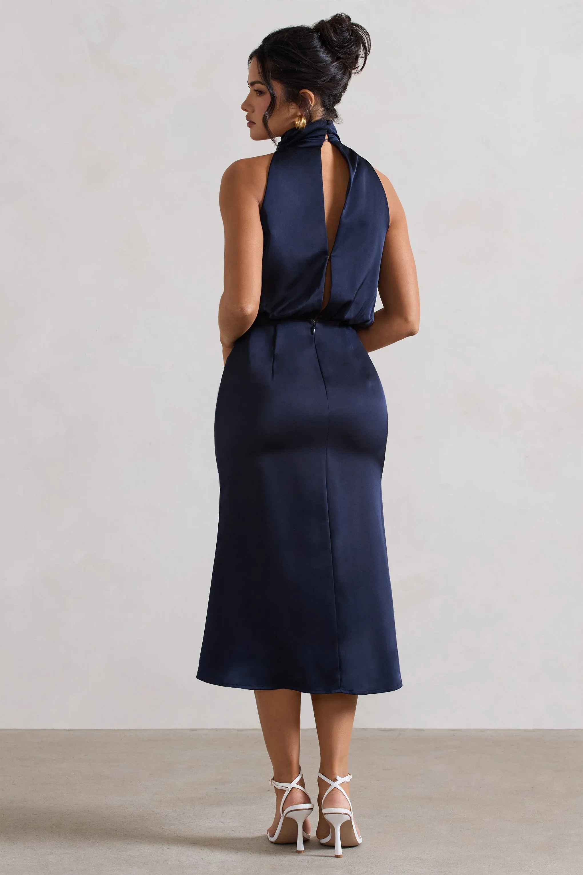 Geena | Navy Satin Twisted High-Neck Midi Dress Club L London