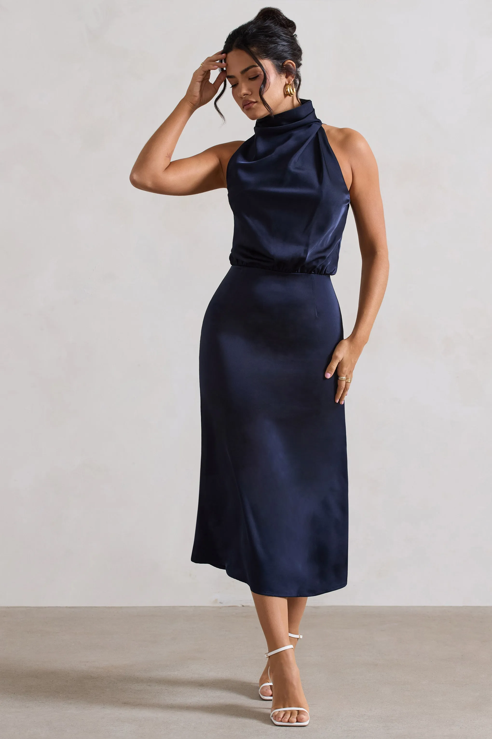 Geena | Navy Satin Twisted High-Neck Midi Dress Club L London