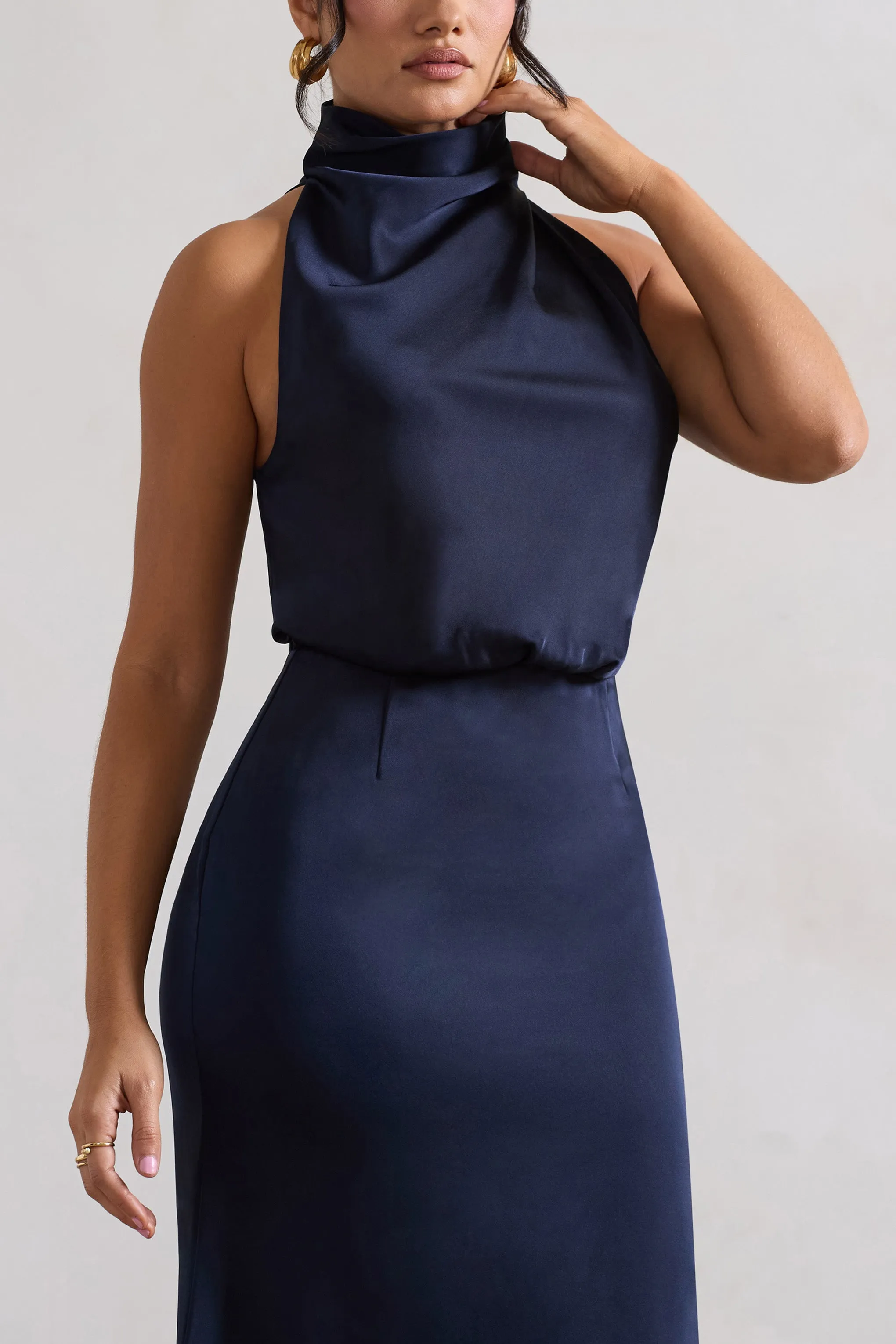 Geena | Navy Satin Twisted High-Neck Midi Dress Club L London
