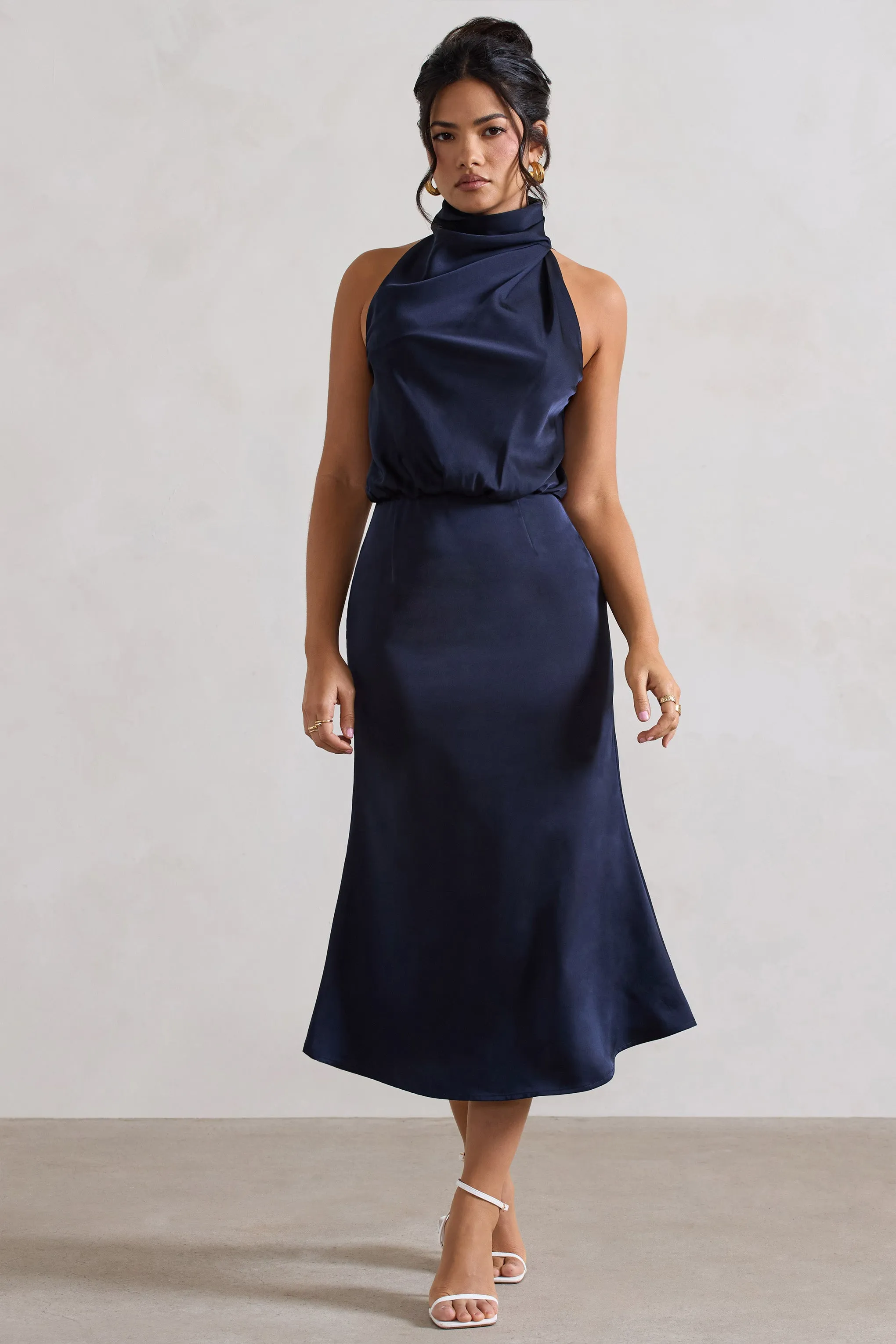 Geena | Navy Satin Twisted High-Neck Midi Dress Club L London