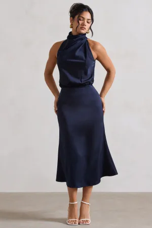 Geena | Navy Satin Twisted High-Neck Midi Dress Club L London