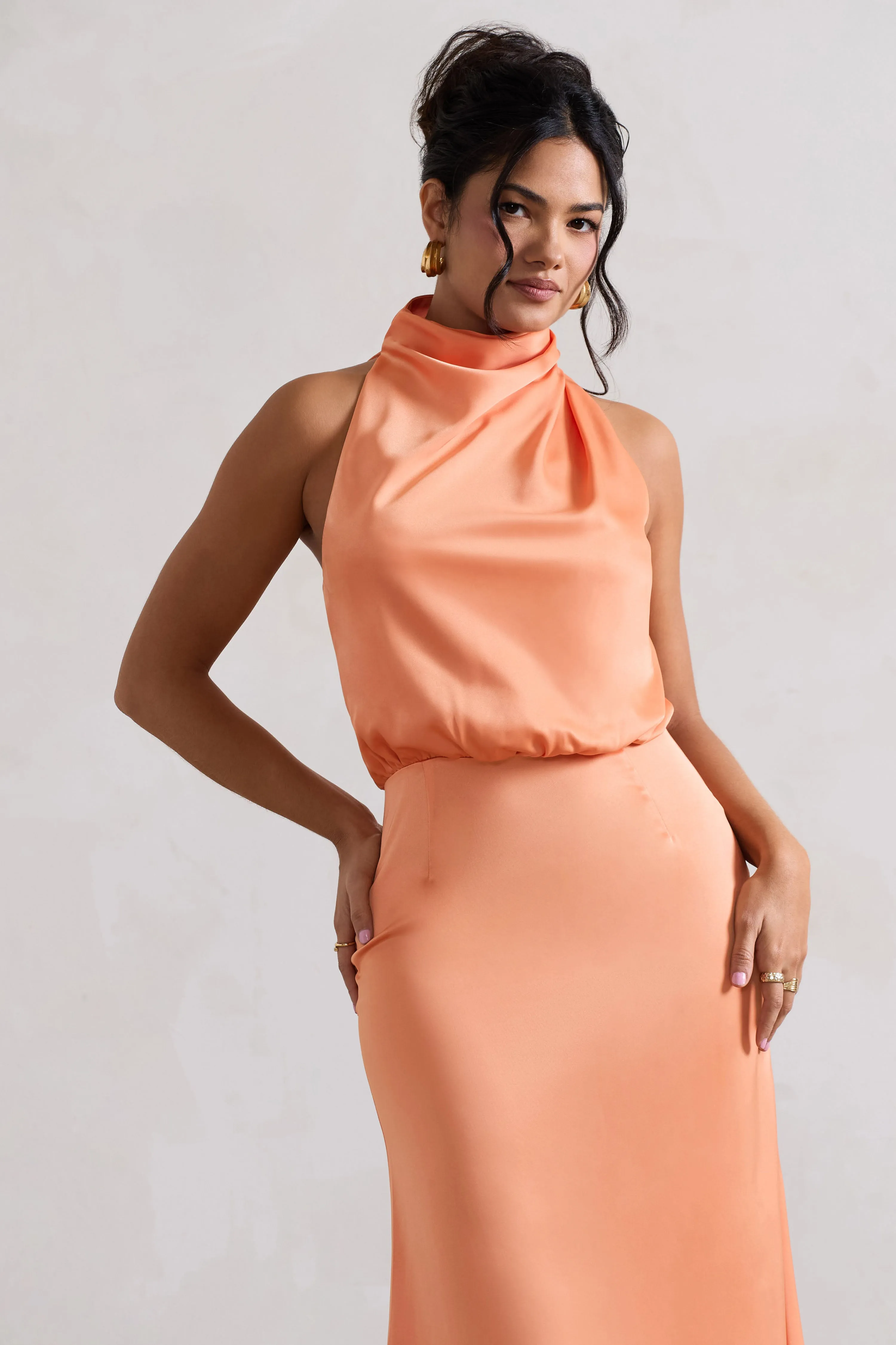 Geena | Peach Satin Twisted High-Neck Midi Dress Club L London