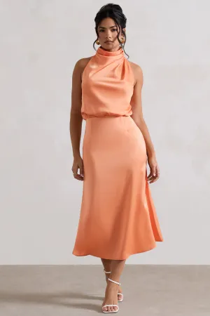 Geena | Peach Satin Twisted High-Neck Midi Dress Club L London