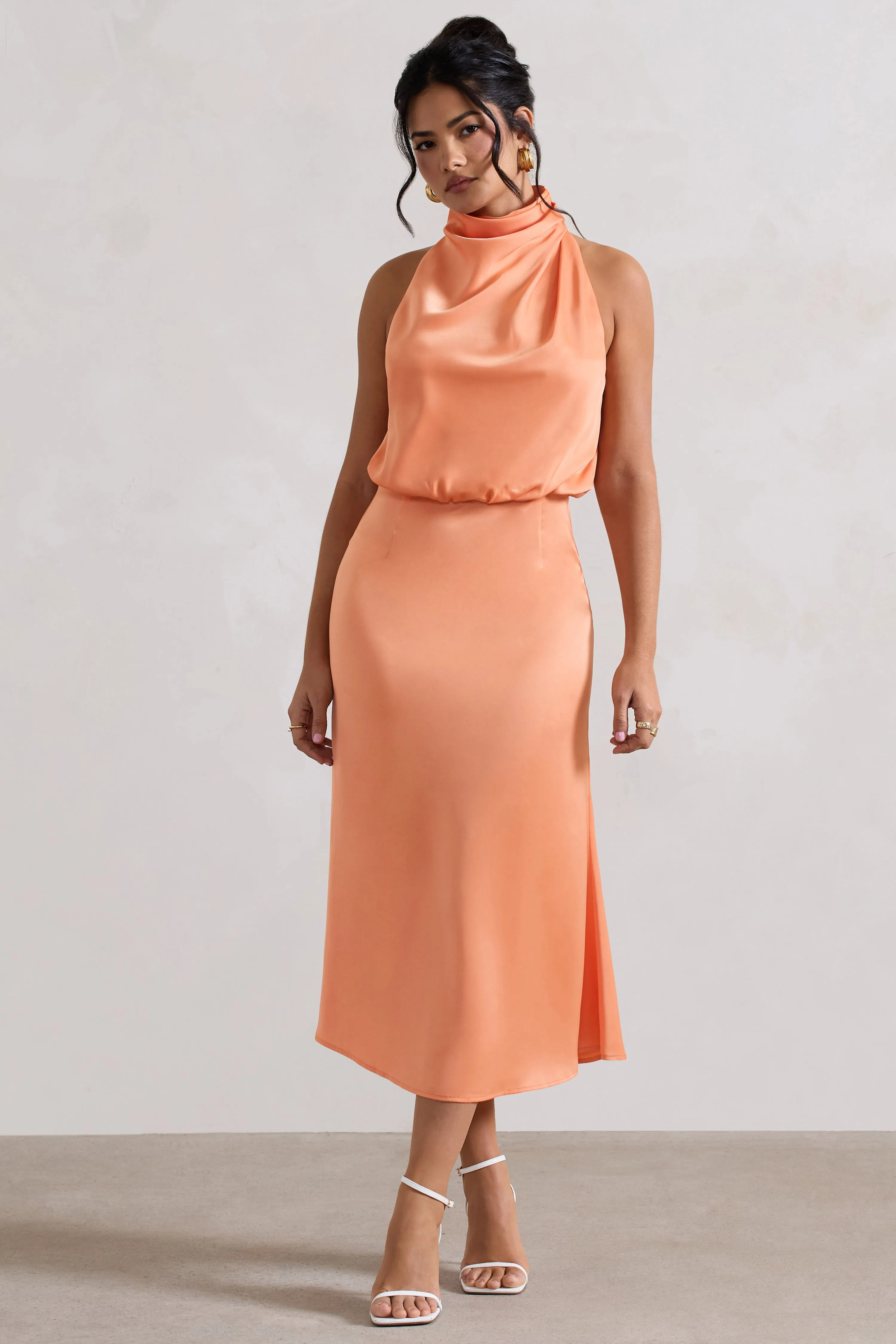 Geena | Peach Satin Twisted High-Neck Midi Dress Club L London