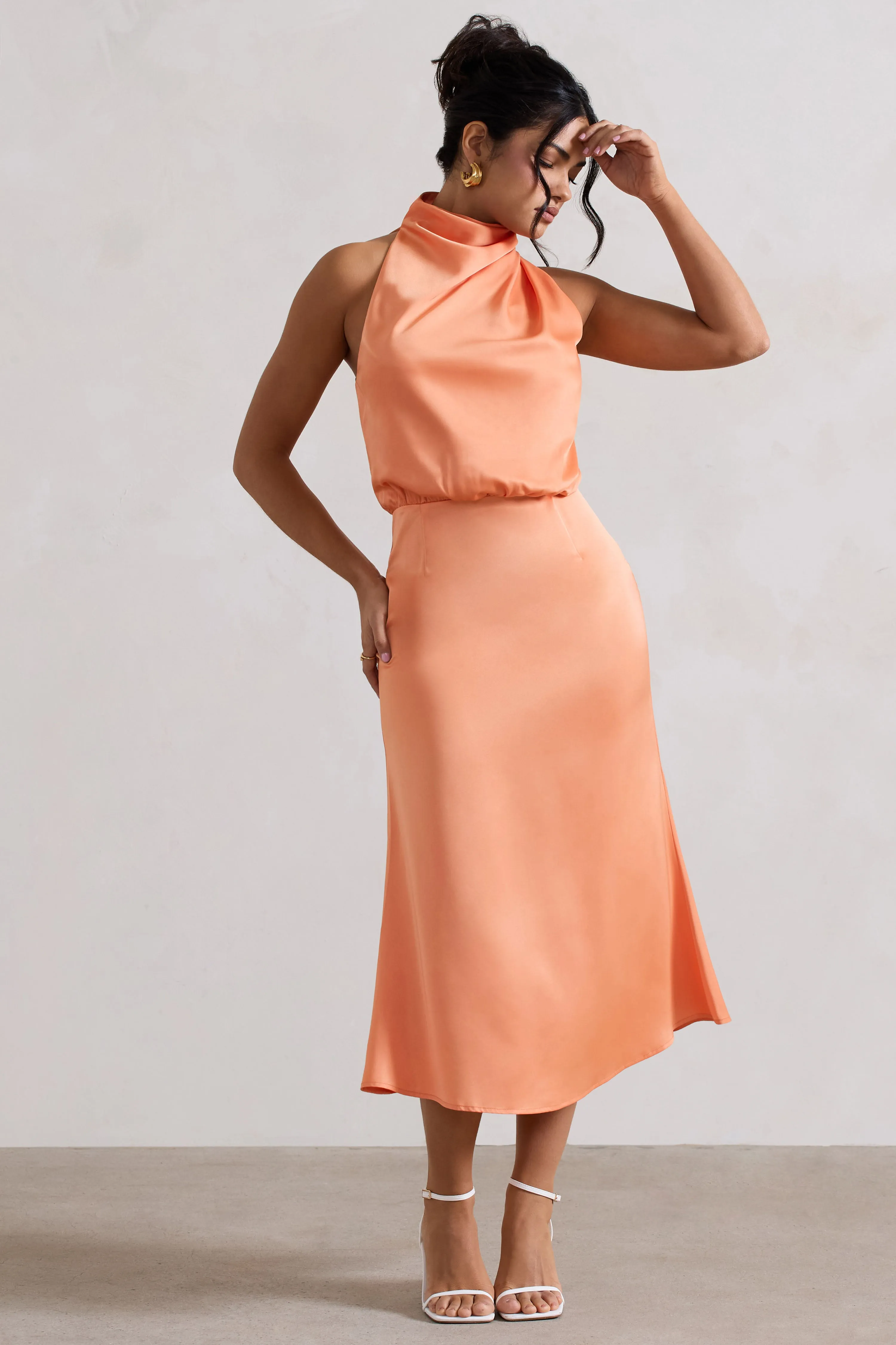 Geena | Peach Satin Twisted High-Neck Midi Dress Club L London