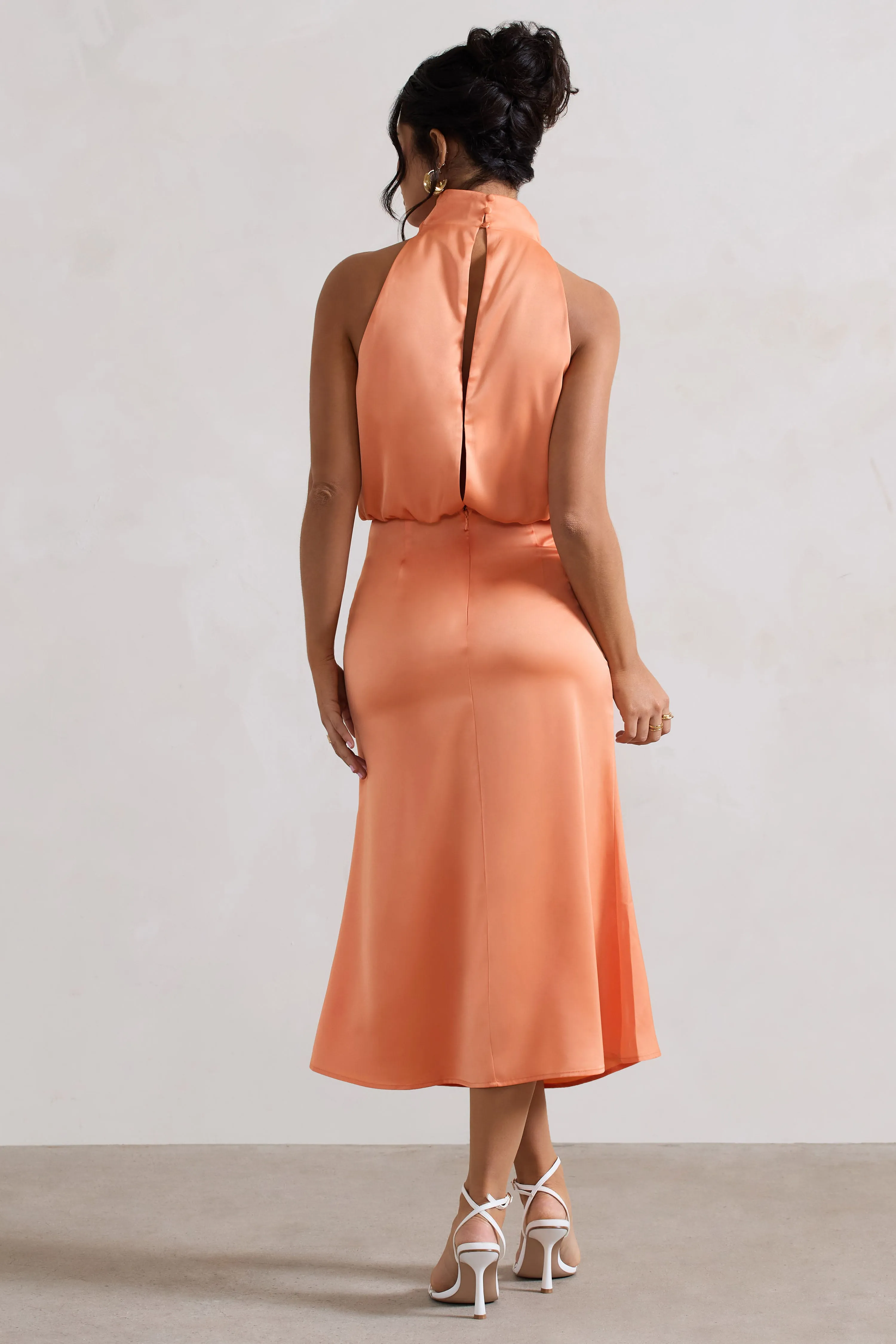 Geena | Peach Satin Twisted High-Neck Midi Dress Club L London