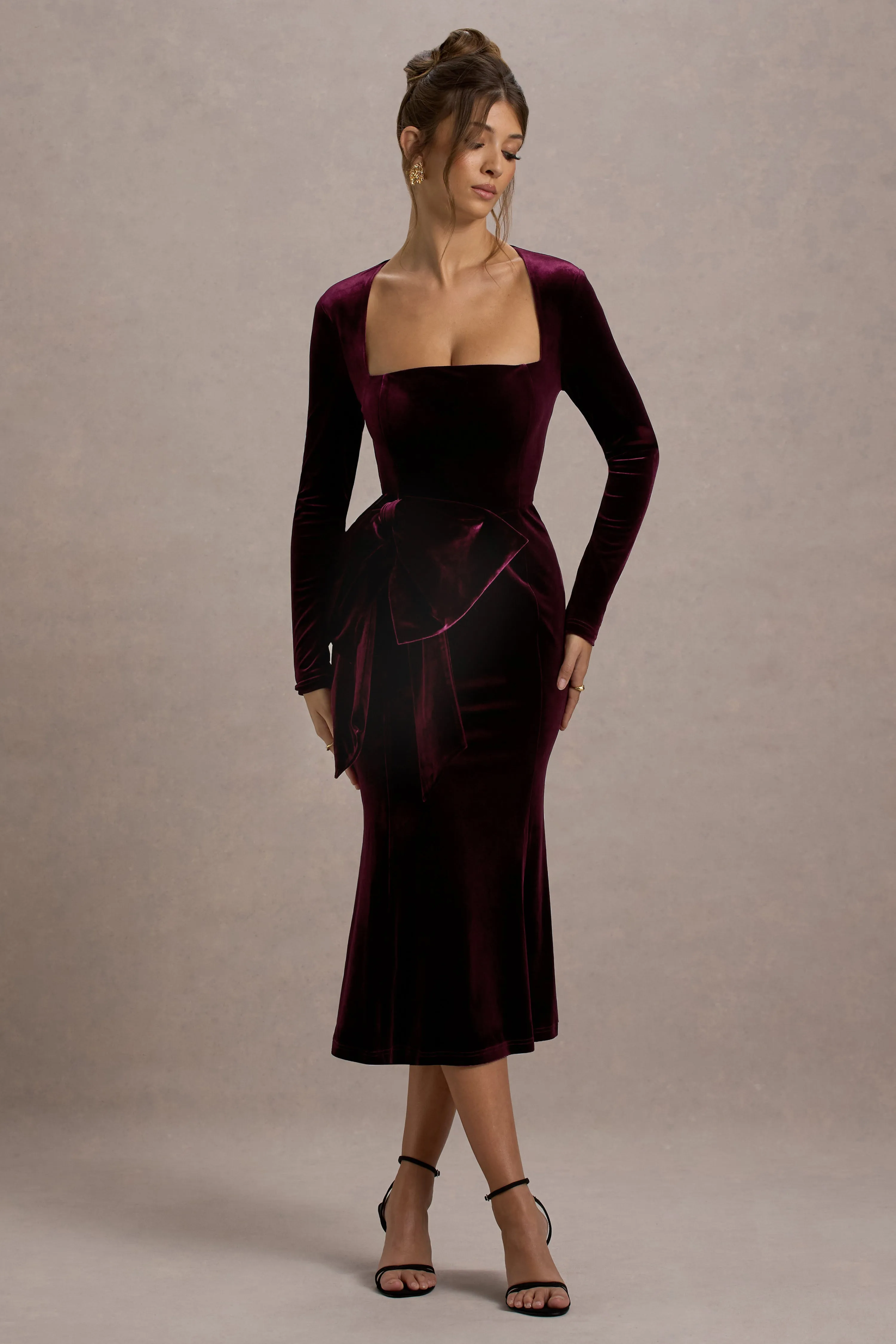 Gemima | Port Velvet Square-Neck Midi Dress With Bow Club L London