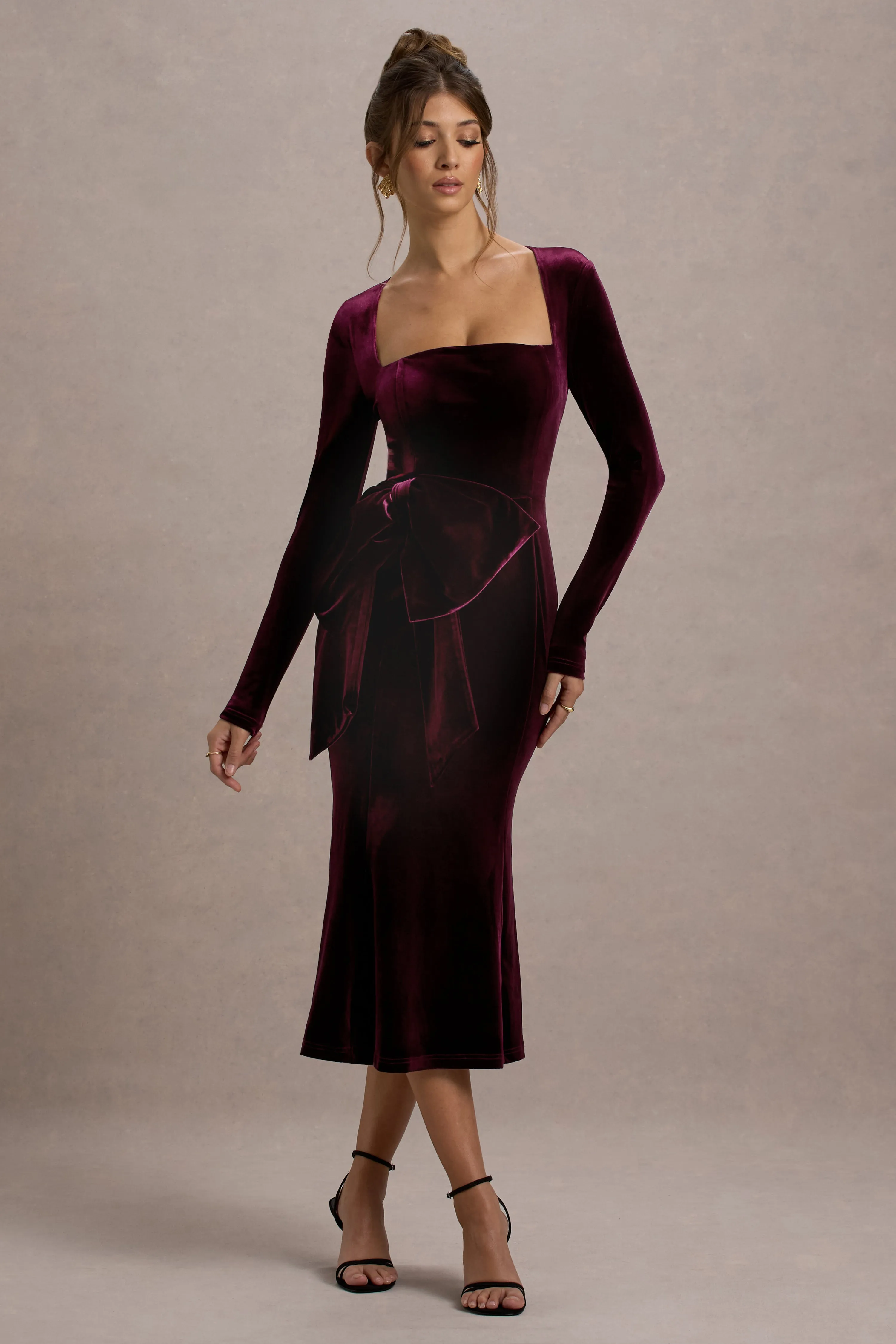 Gemima | Port Velvet Square-Neck Midi Dress With Bow Club L London