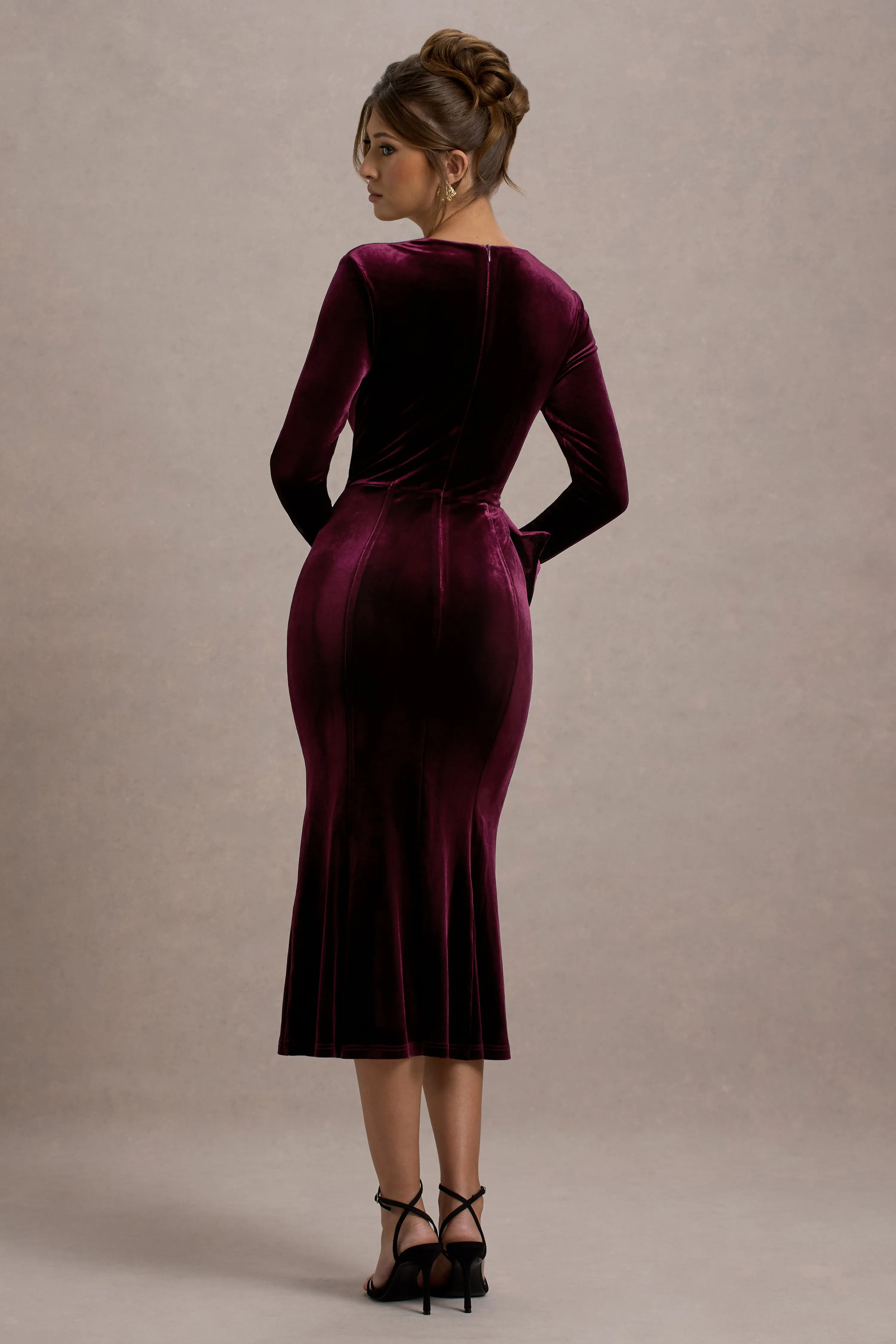 Gemima | Port Velvet Square-Neck Midi Dress With Bow Club L London
