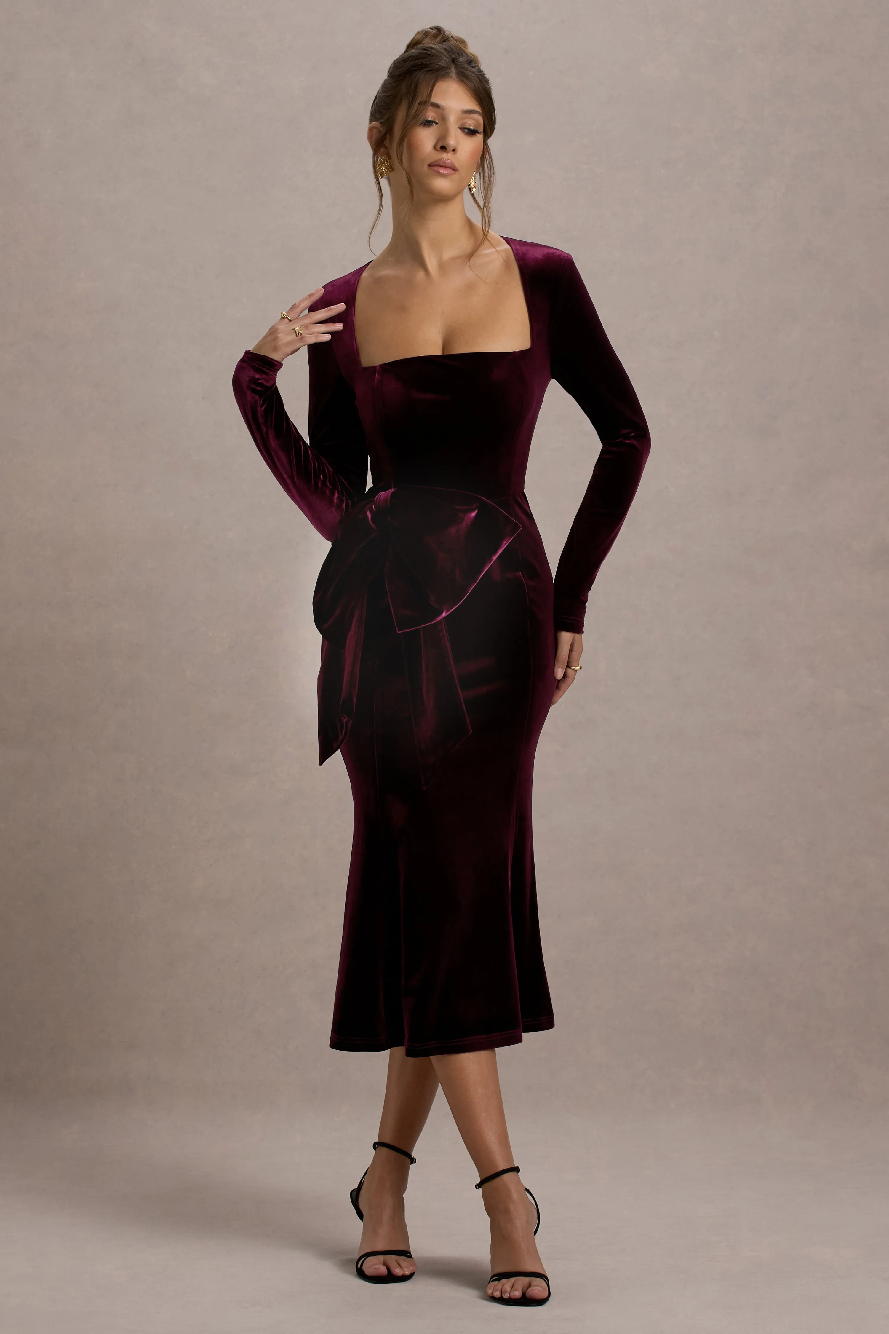 Gemima | Port Velvet Square-Neck Midi Dress With Bow Club L London
