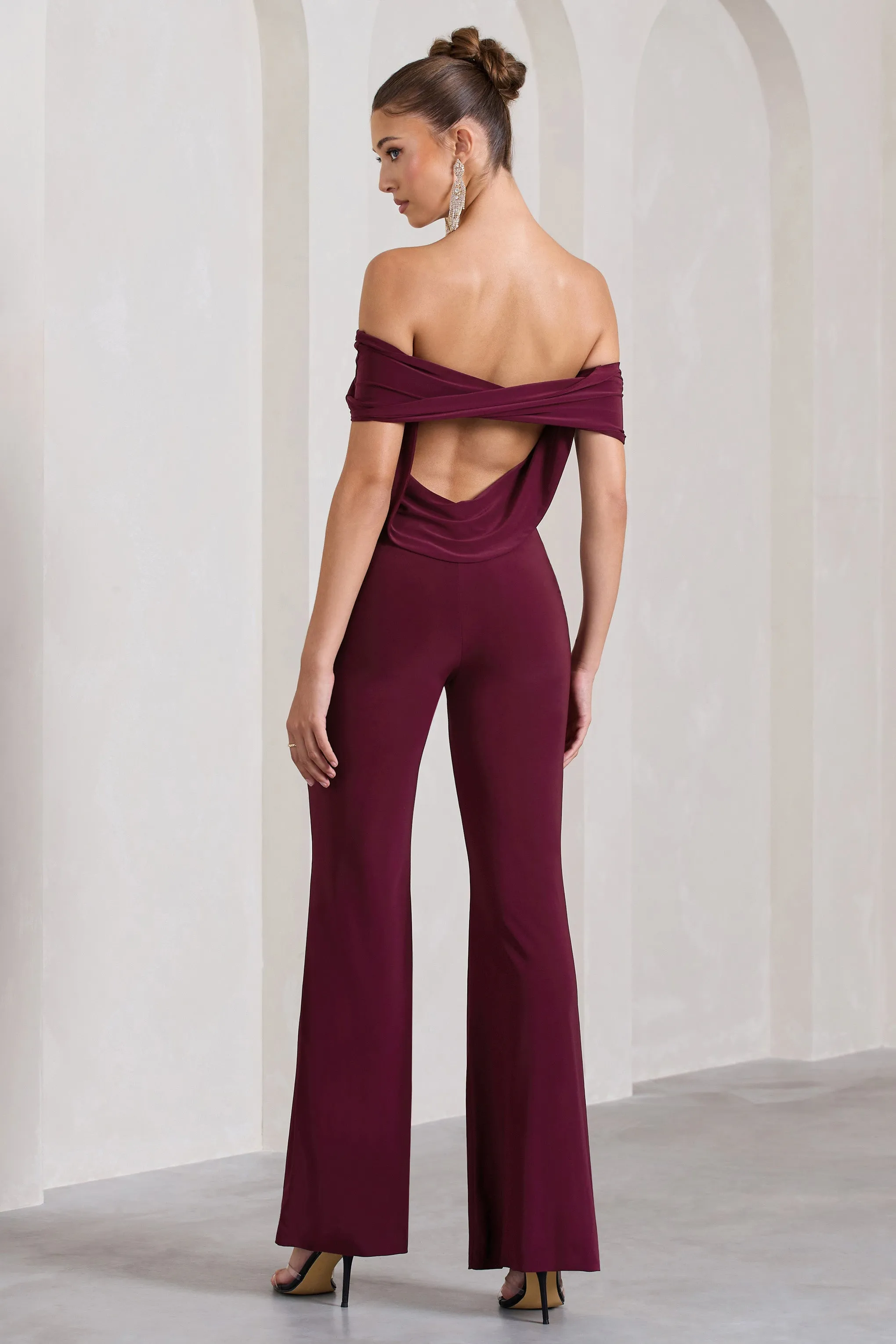 Gemma | Burgundy Bardot Open-Back Flared-Leg Jumpsuit Club L London
