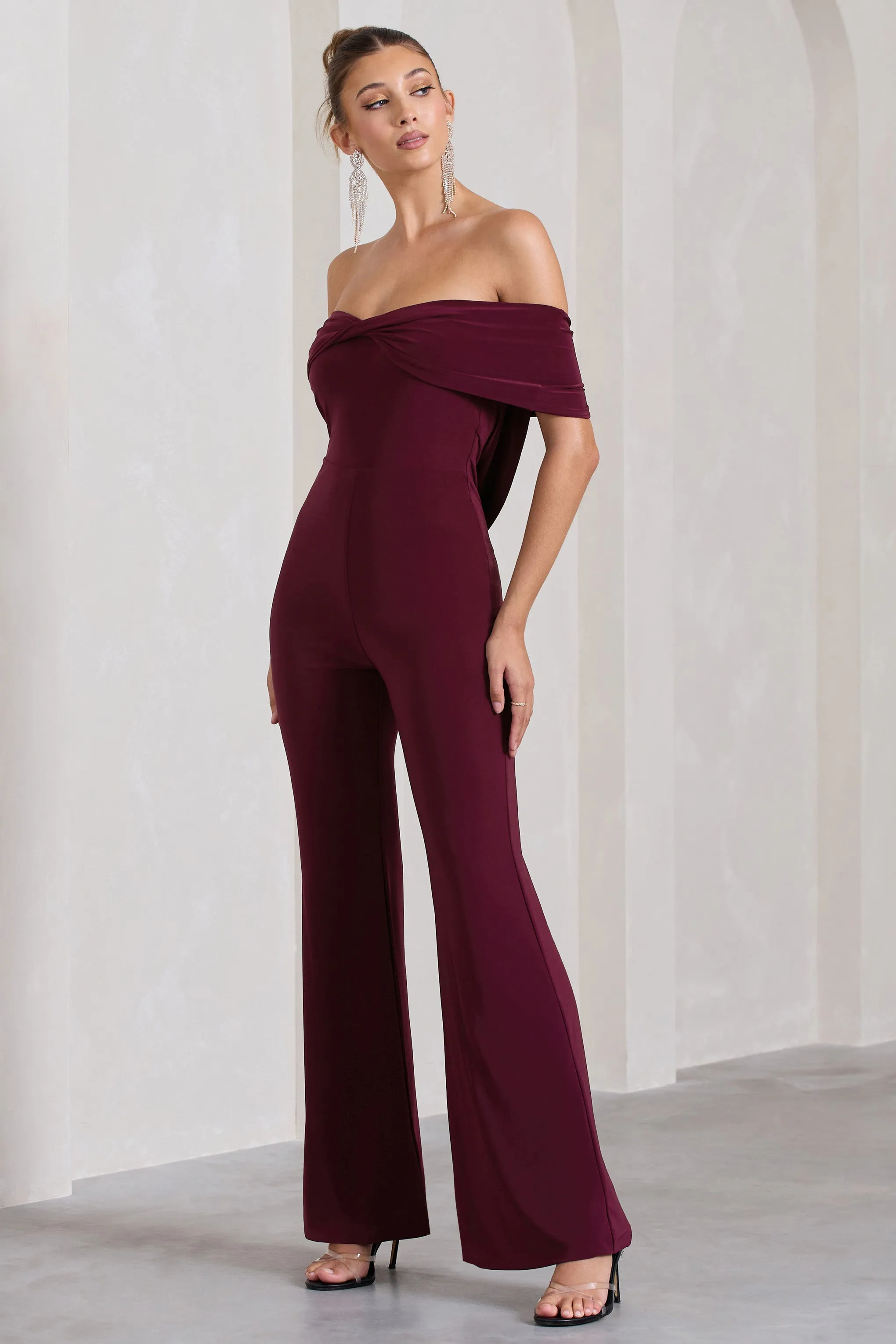 Gemma | Burgundy Bardot Open-Back Flared-Leg Jumpsuit Club L London