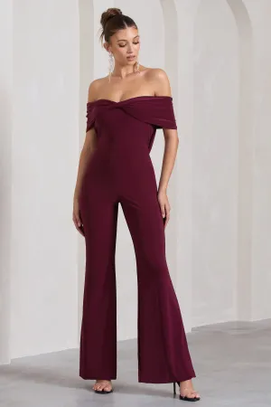 Gemma | Burgundy Bardot Open-Back Flared-Leg Jumpsuit Club L London