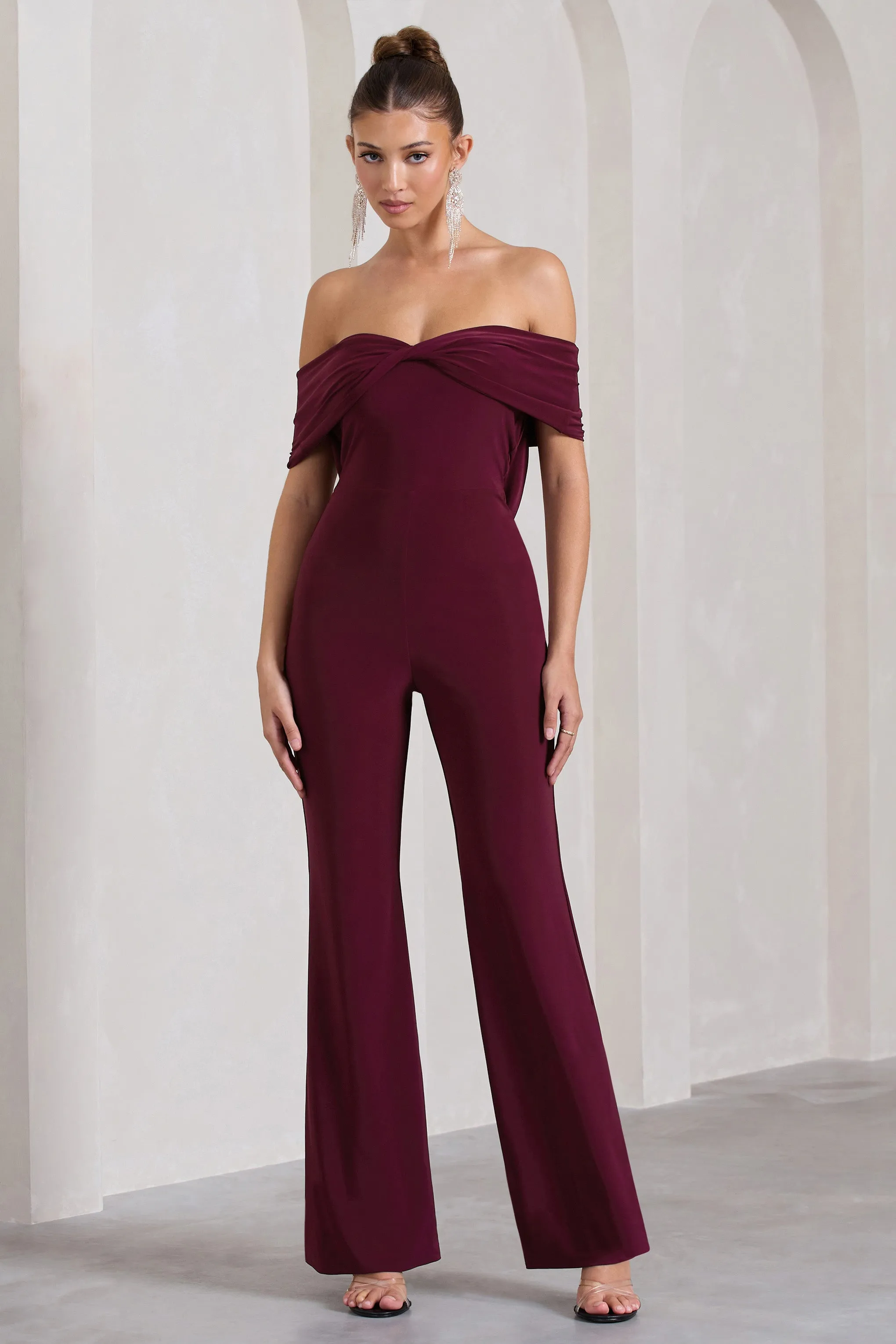 Gemma | Burgundy Bardot Open-Back Flared-Leg Jumpsuit Club L London