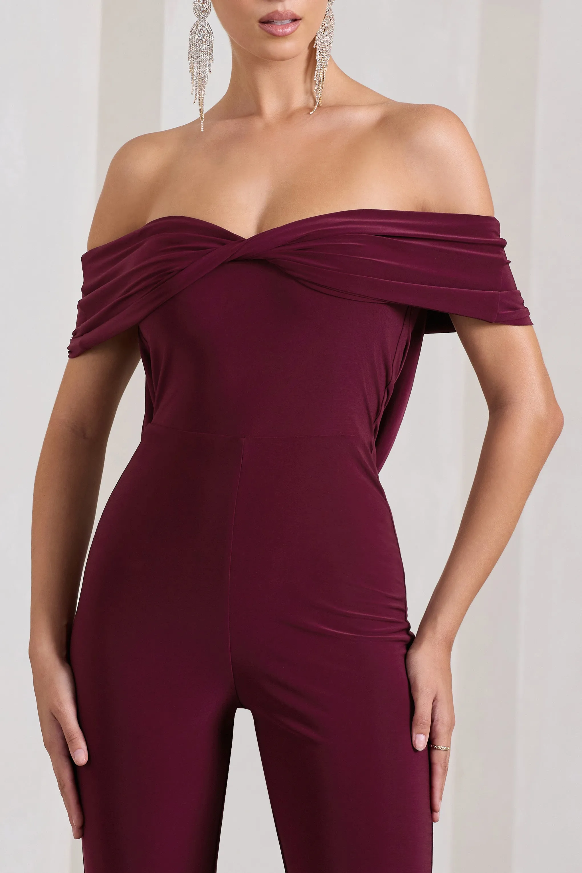 Gemma | Burgundy Bardot Open-Back Flared-Leg Jumpsuit Club L London