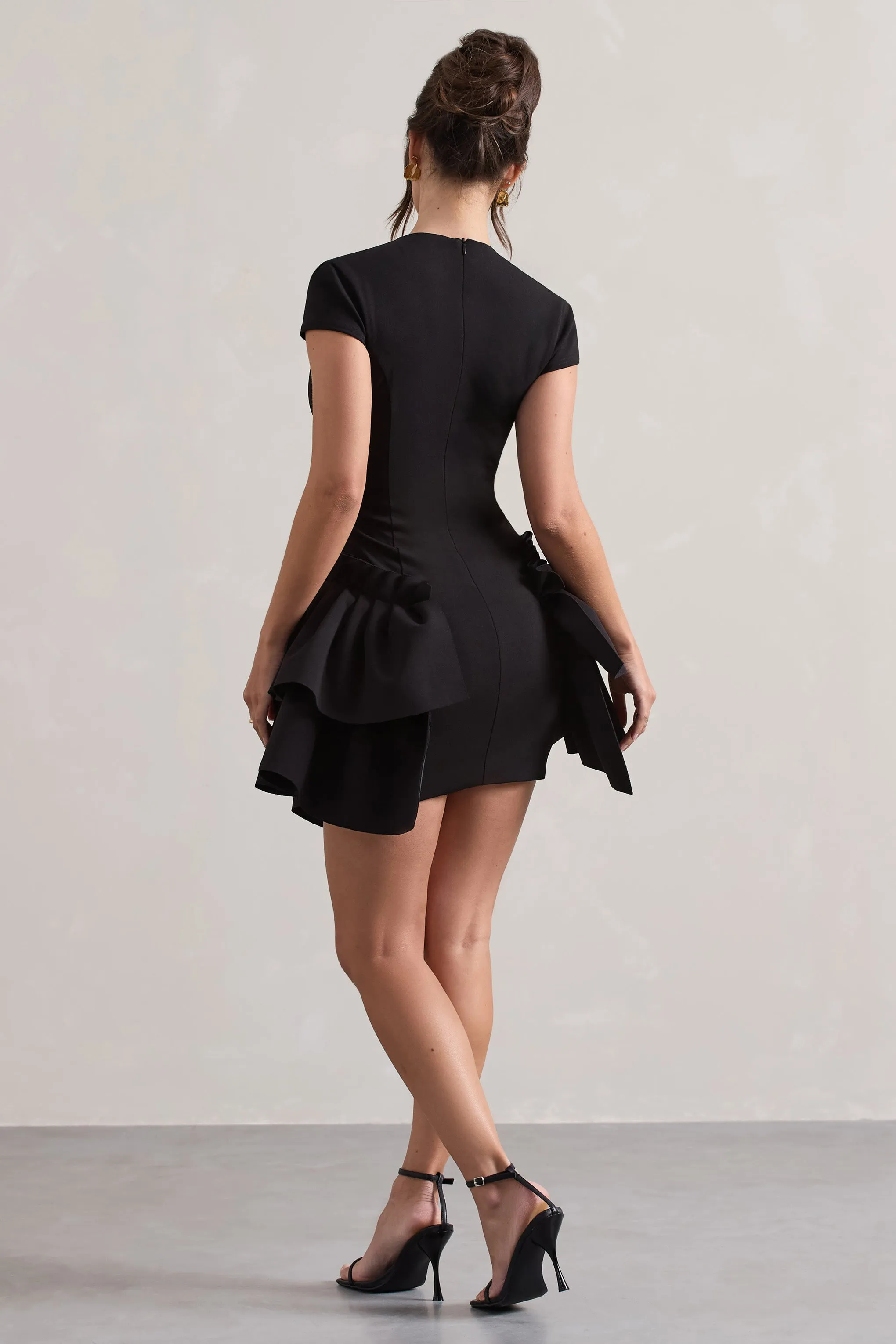 Genevieve | Black Plunge-Neck Mini Dress With Layered Hem Club L London