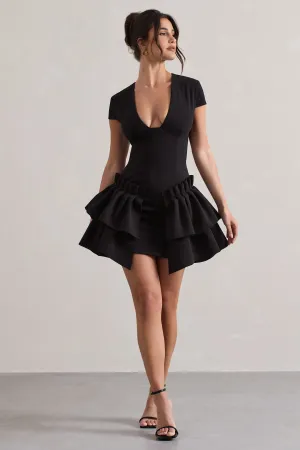 Genevieve | Black Plunge-Neck Mini Dress With Layered Hem Club L London