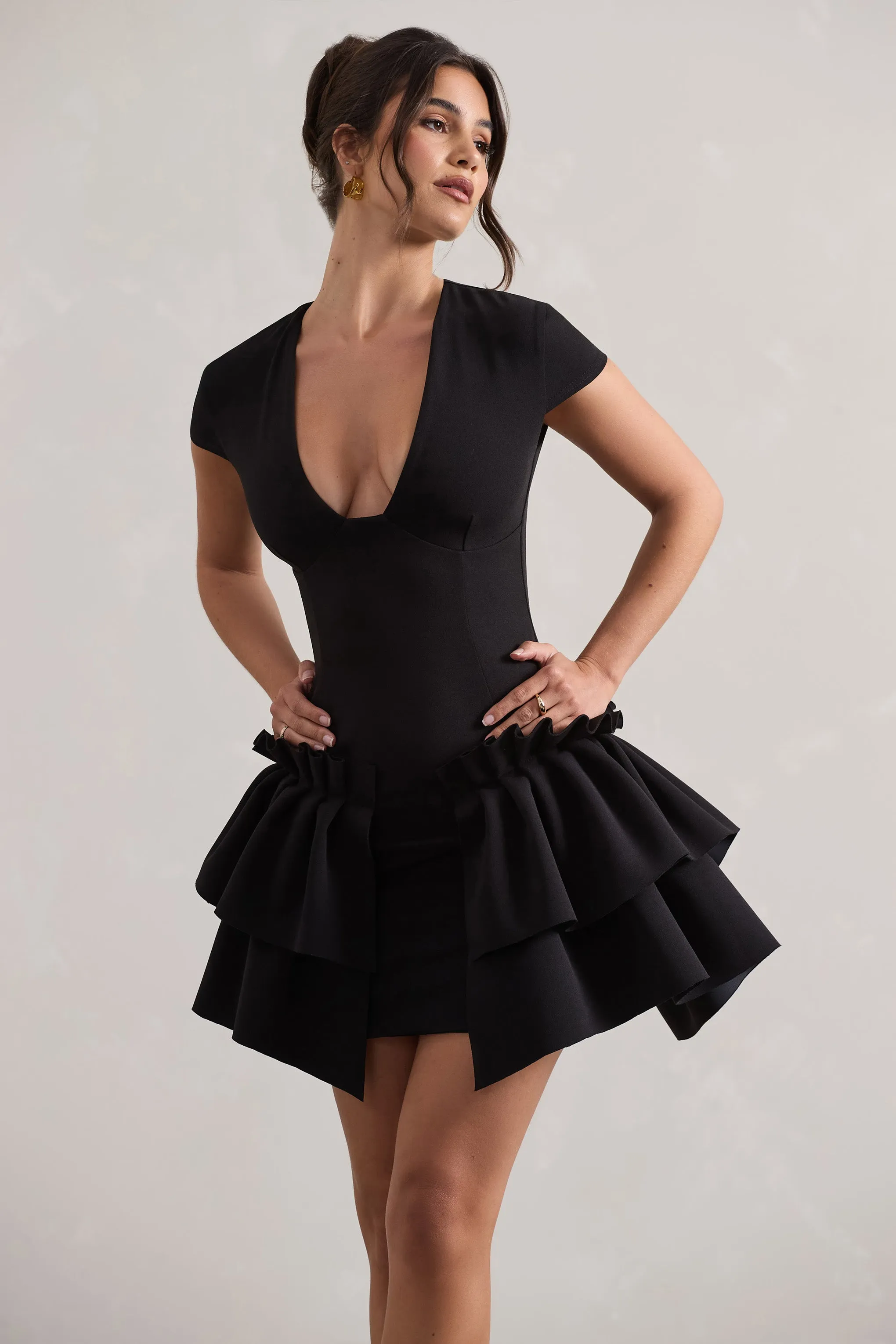 Genevieve | Black Plunge-Neck Mini Dress With Layered Hem Club L London