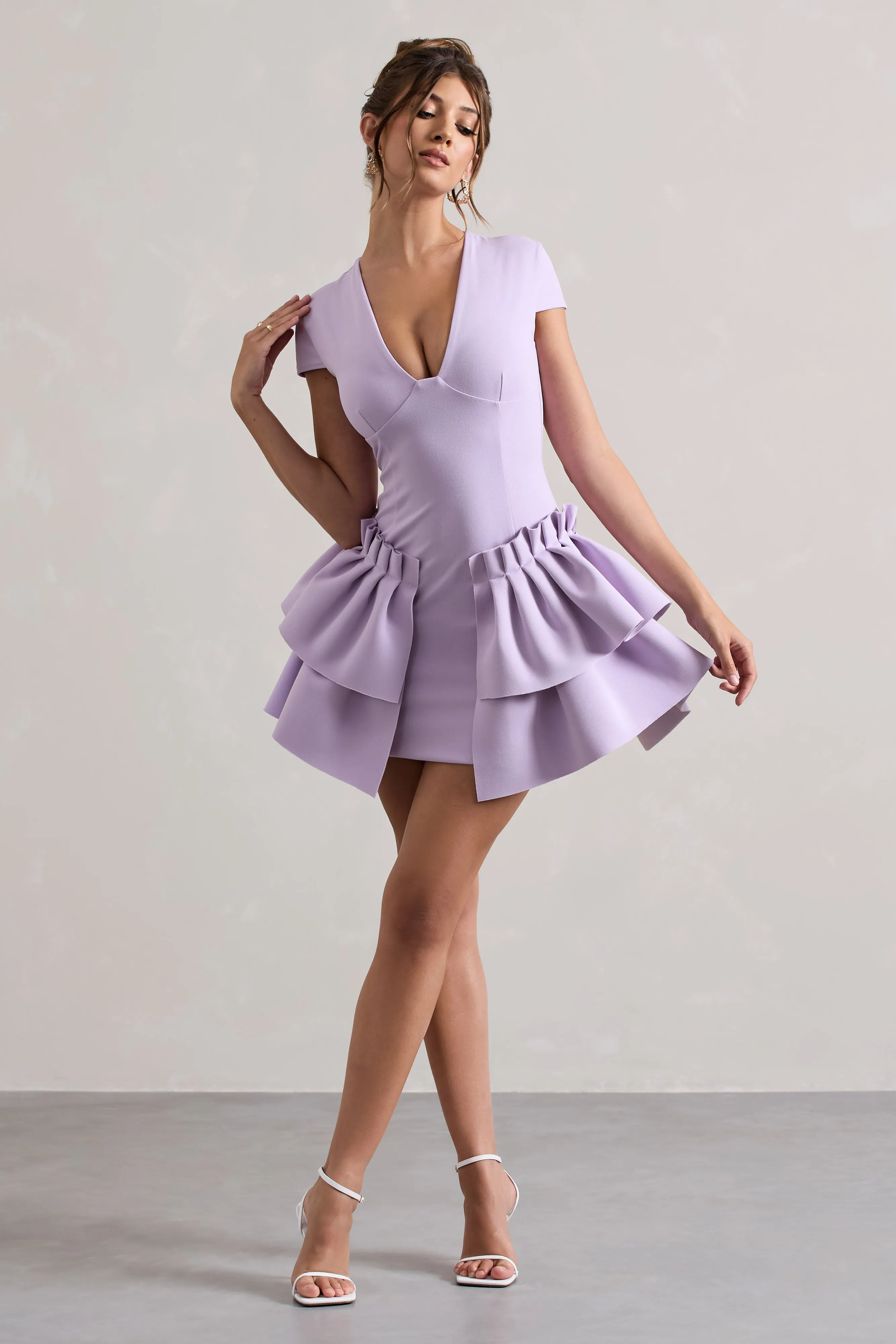 Genevieve | Lilac Plunge-Neck Mini Dress With Layered Hem Club L London