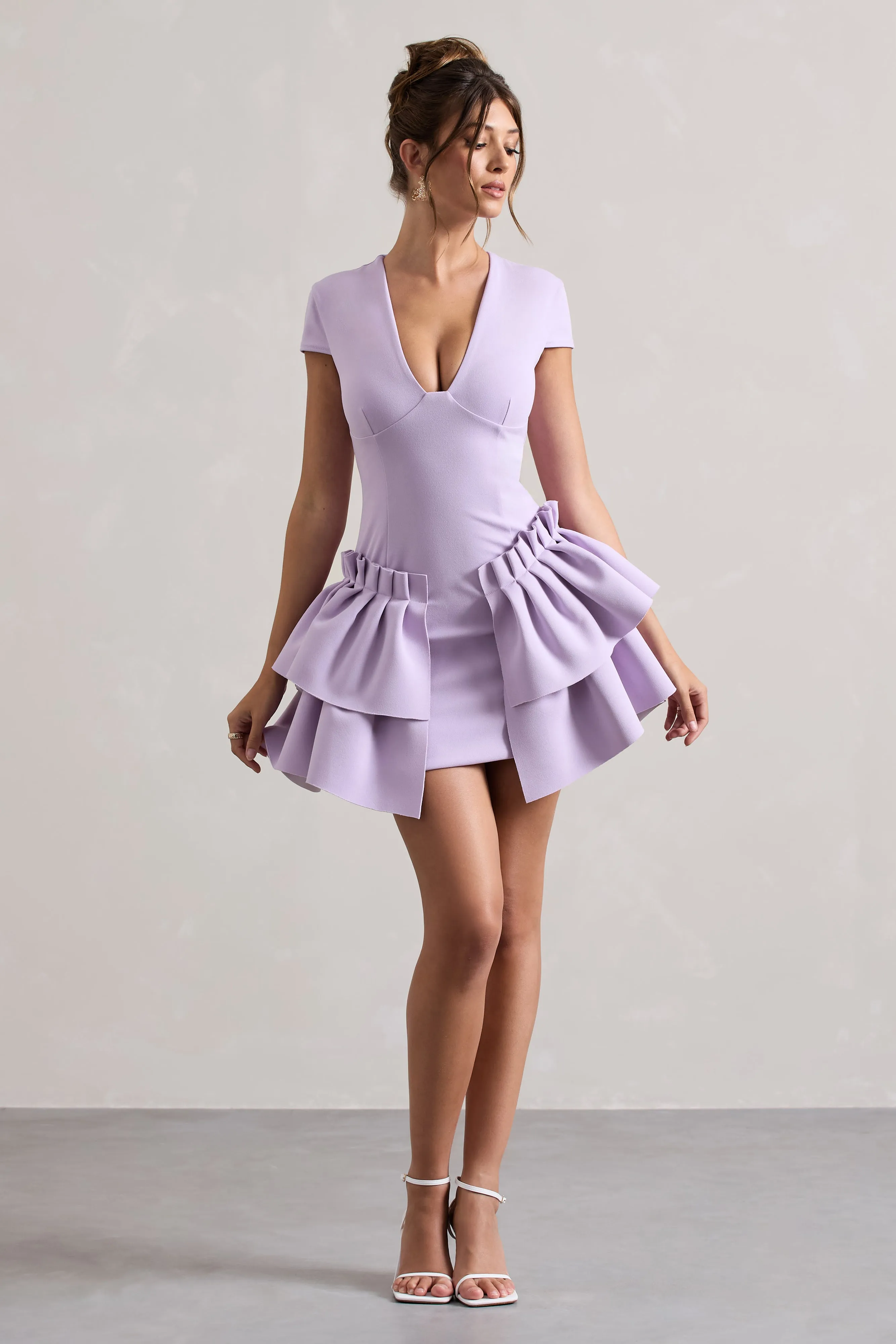 Genevieve | Lilac Plunge-Neck Mini Dress With Layered Hem Club L London