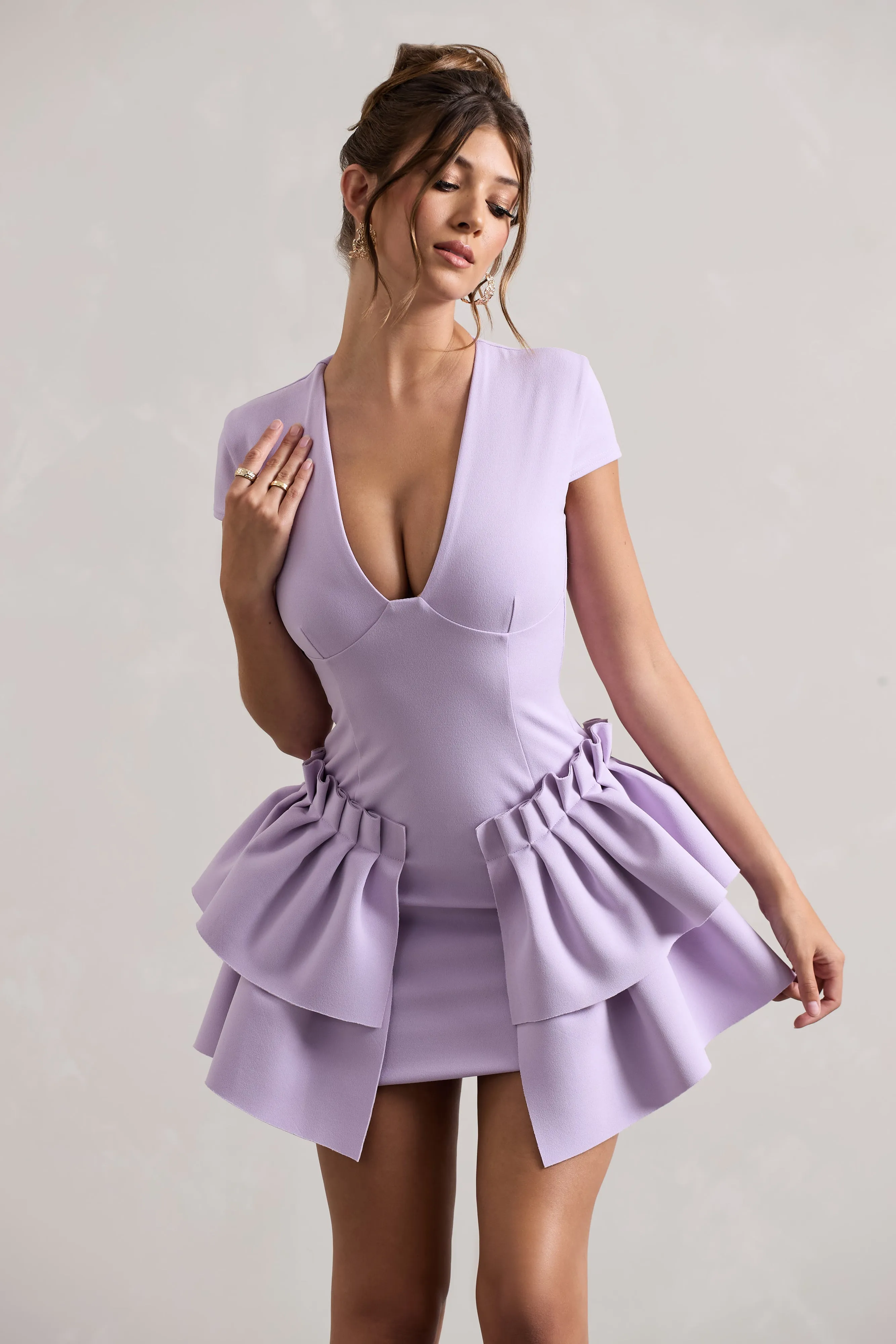 Genevieve | Lilac Plunge-Neck Mini Dress With Layered Hem Club L London