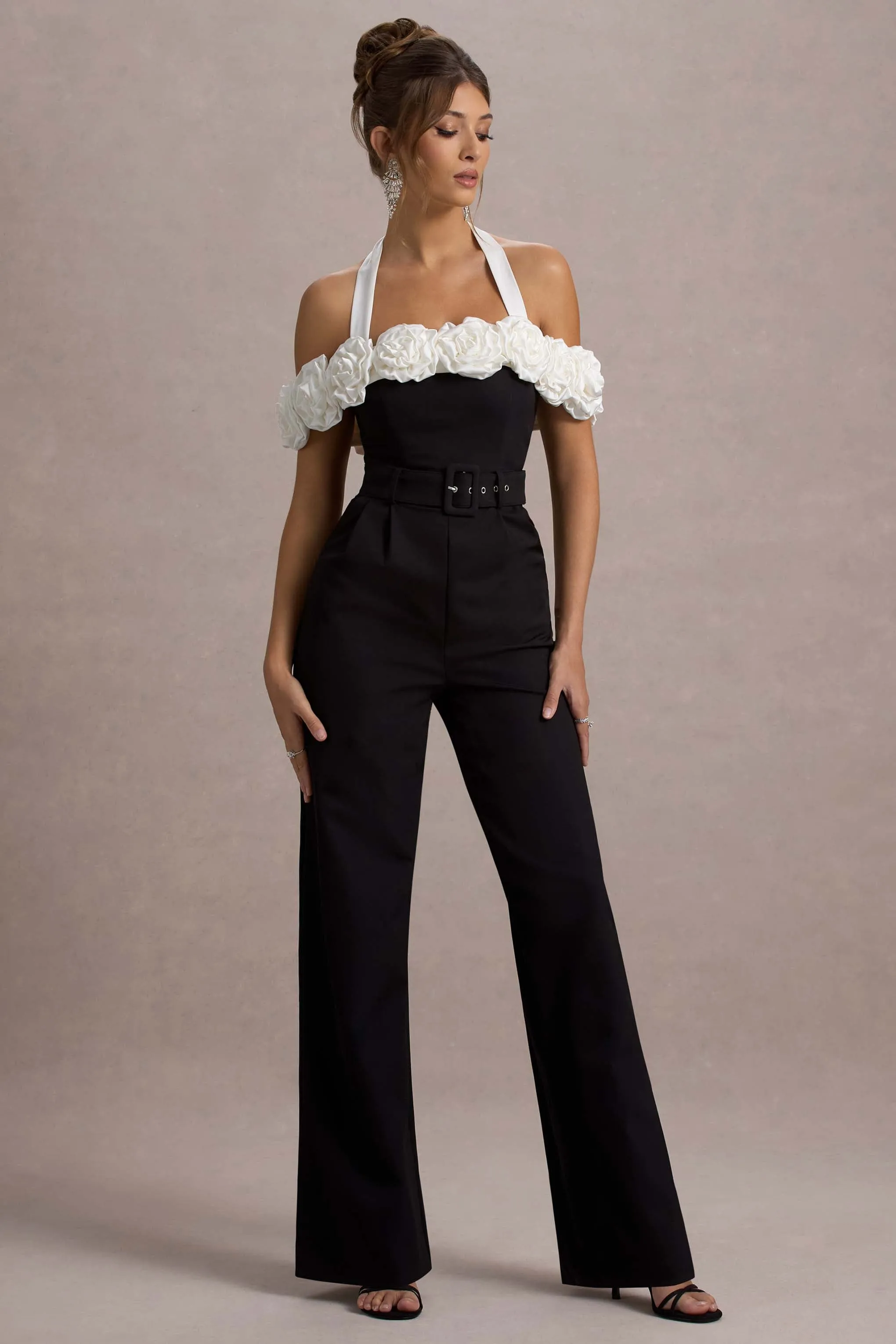 Genny | Black Tailored Wide-Leg Jumpsuit With Flowers Club L London