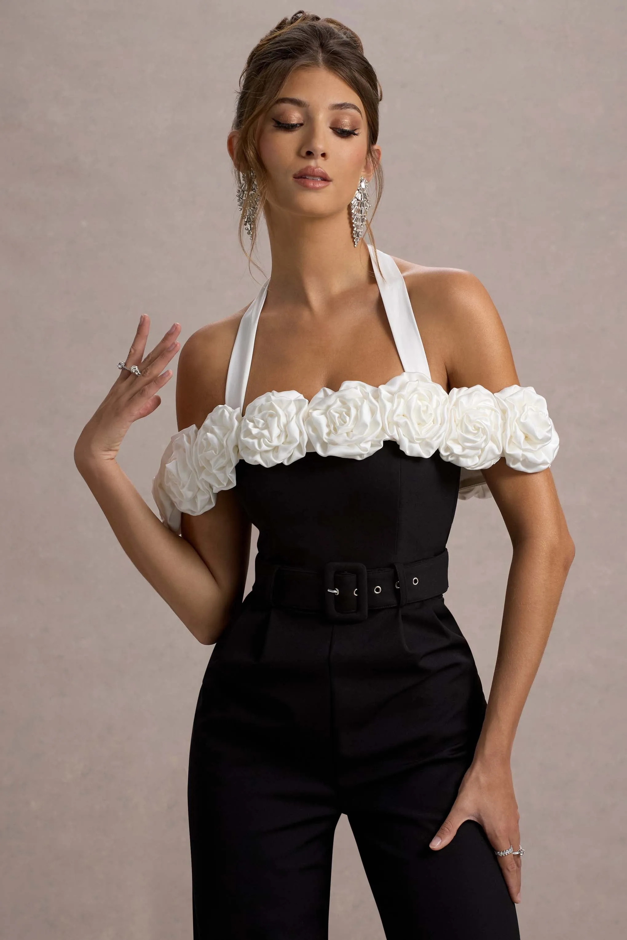 Genny | Black Tailored Wide-Leg Jumpsuit With Flowers Club L London