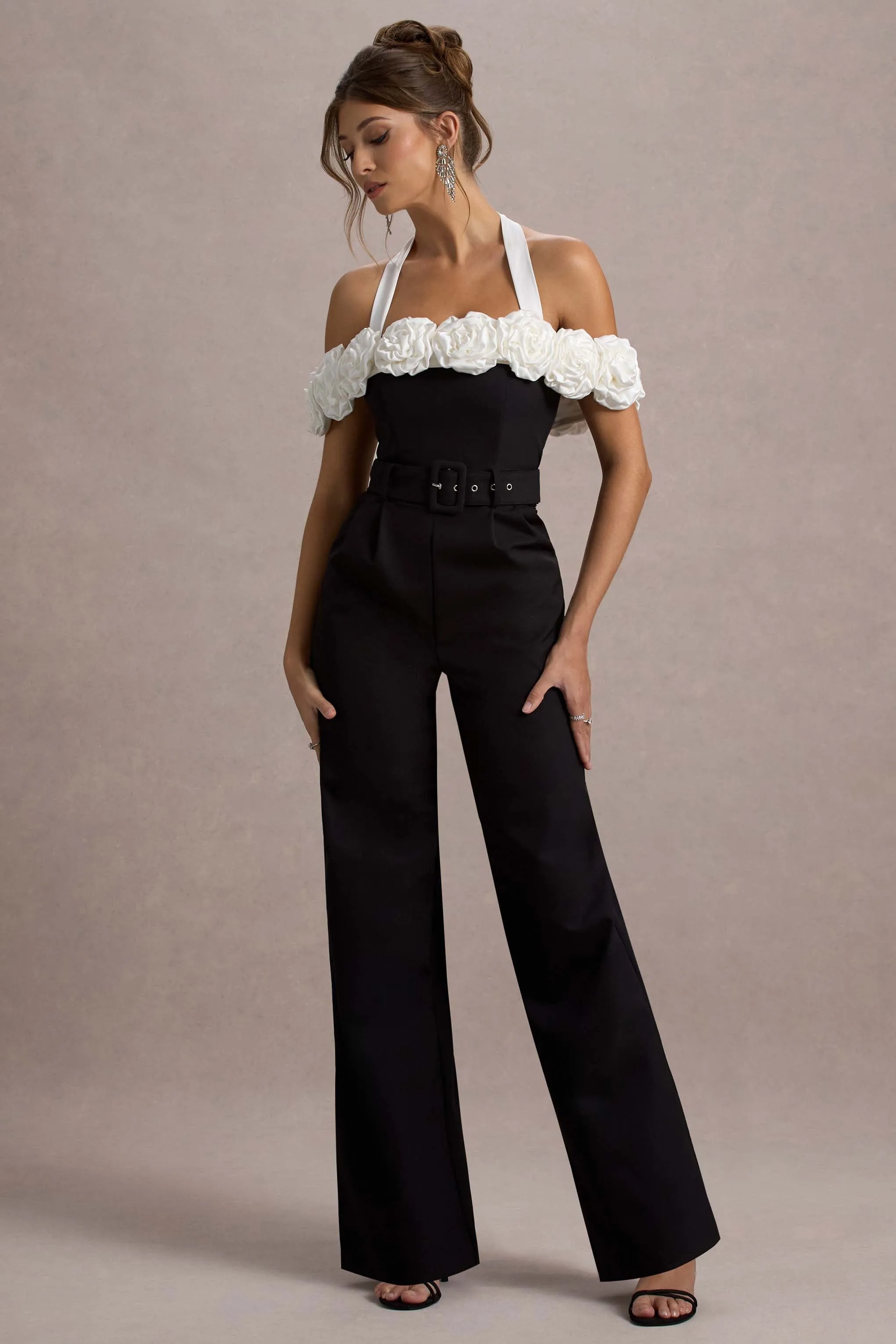 Genny | Black Tailored Wide-Leg Jumpsuit With Flowers Club L London