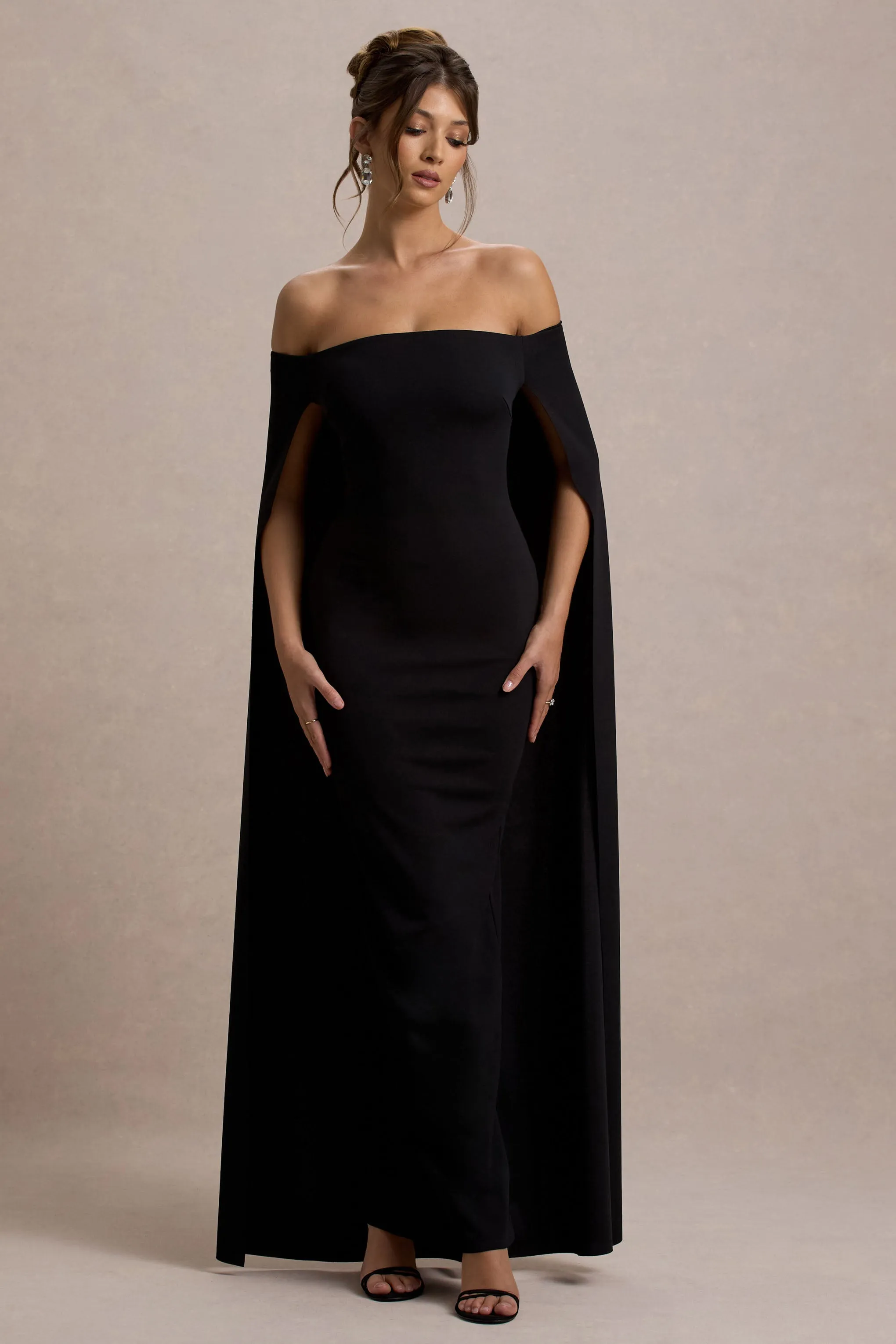 Genovia | Black Bardot Cape Maxi Dress Club L London