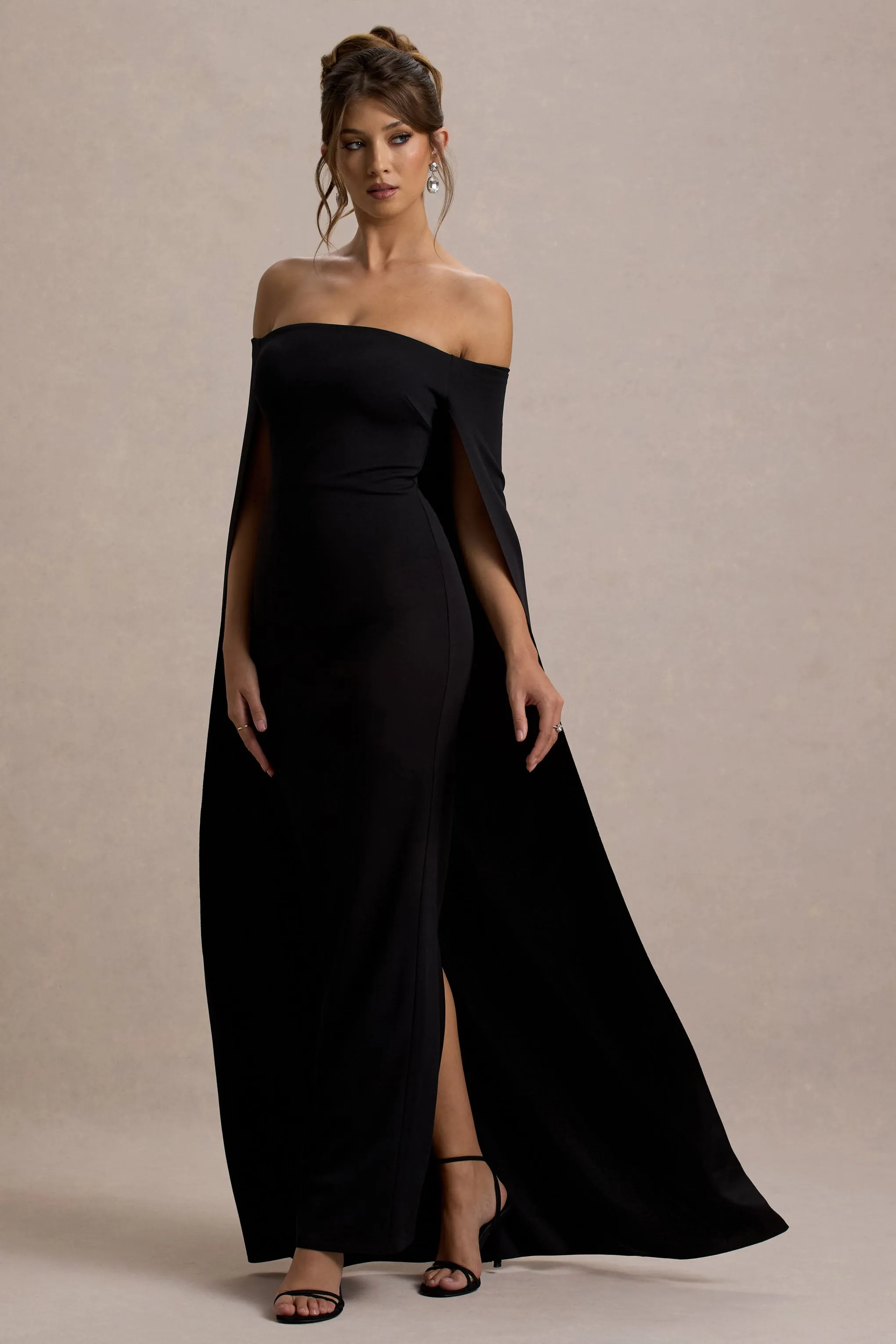 Genovia | Black Bardot Cape Maxi Dress Club L London