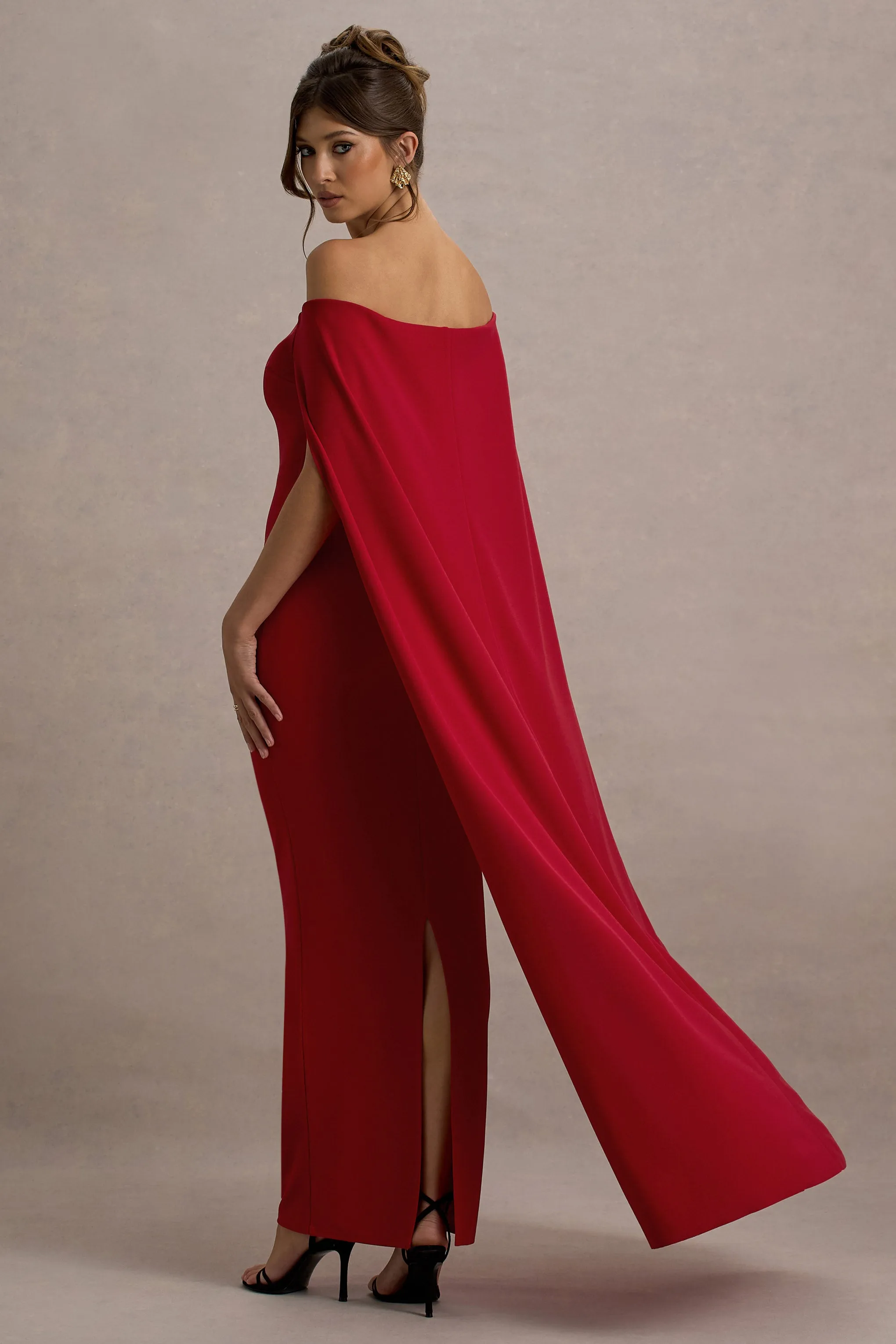 Genovia | Red Bardot Cape Maxi Dress Club L London