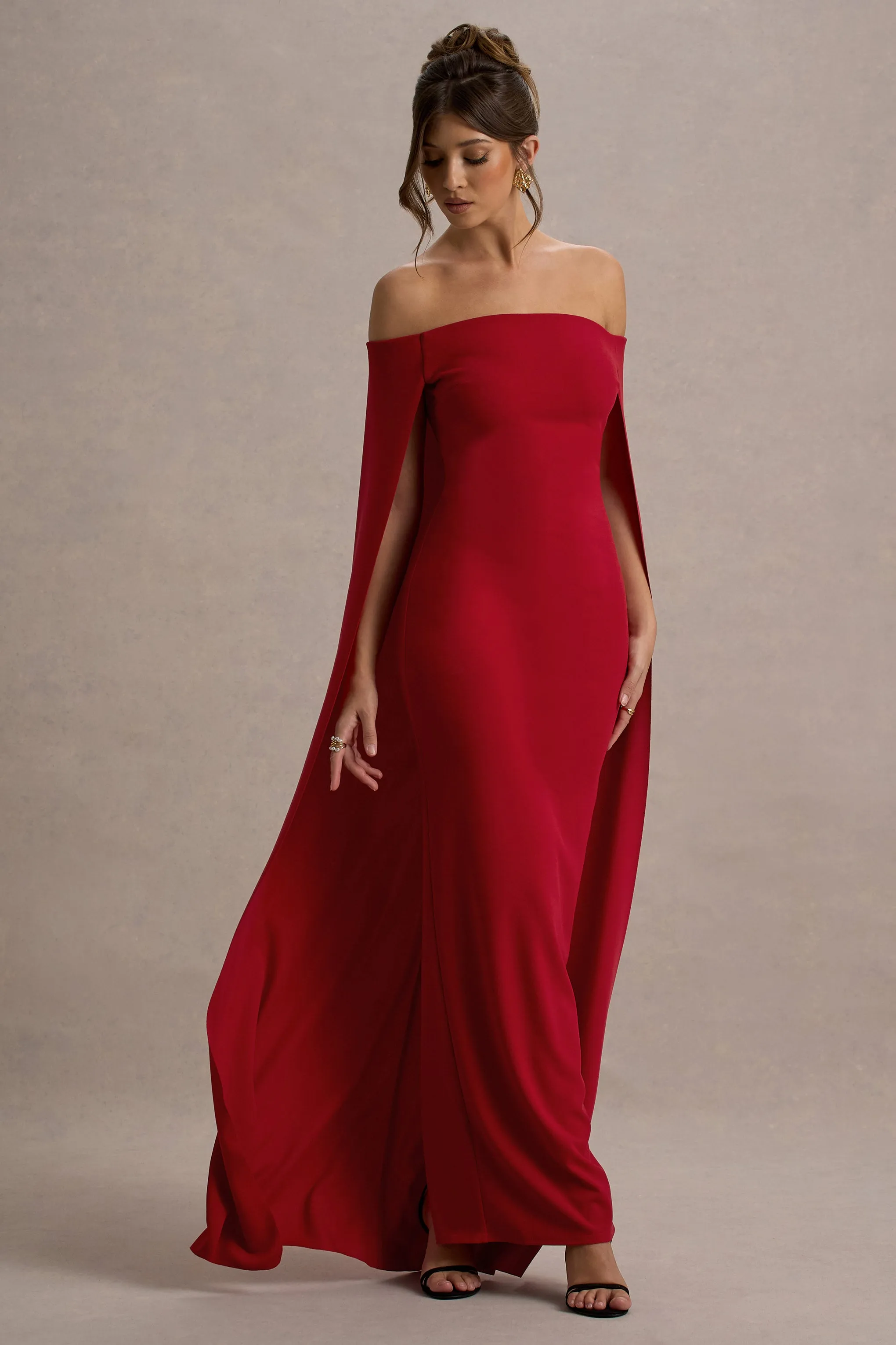 Genovia | Red Bardot Cape Maxi Dress Club L London