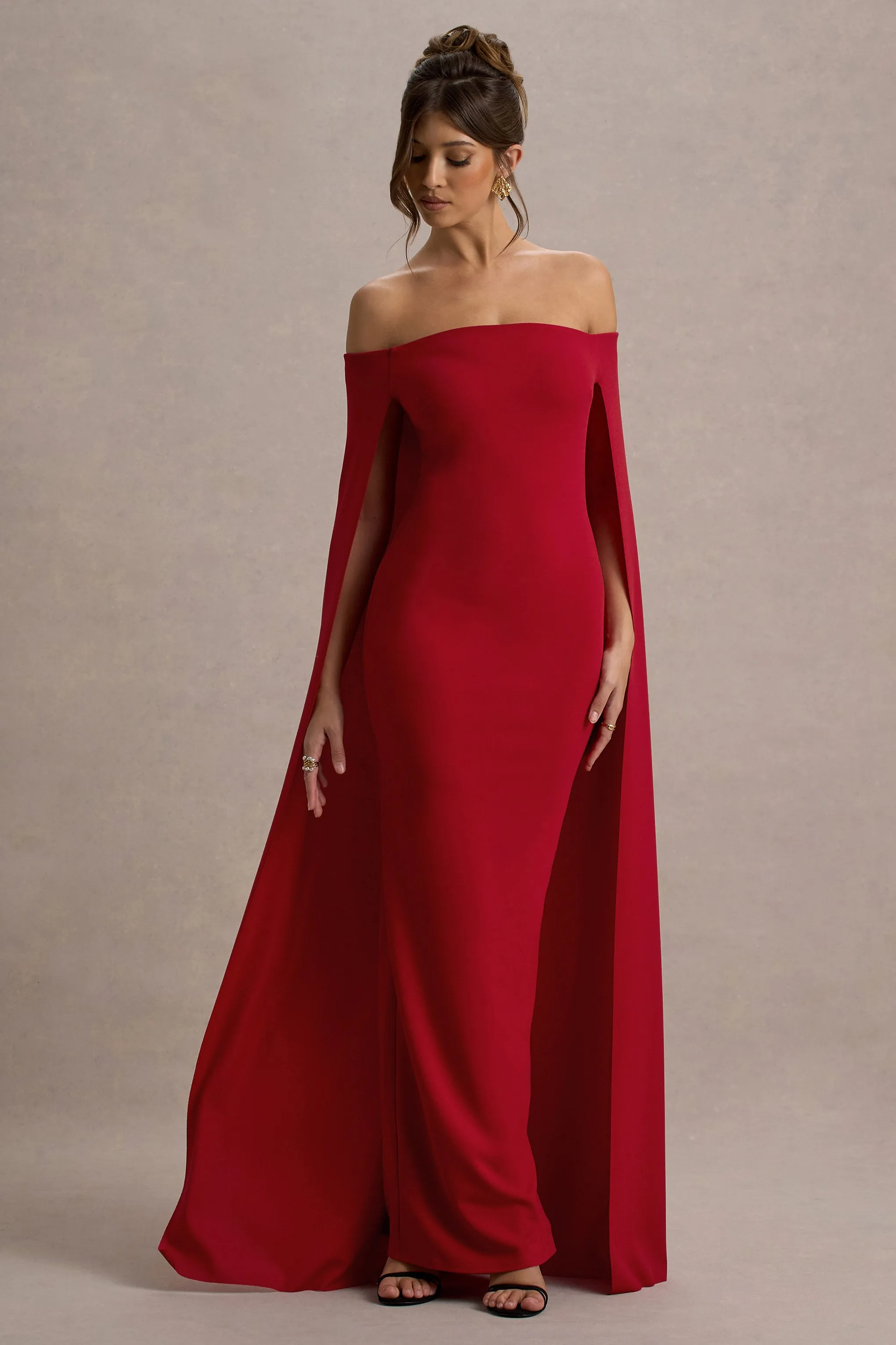 Genovia | Red Bardot Cape Maxi Dress Club L London
