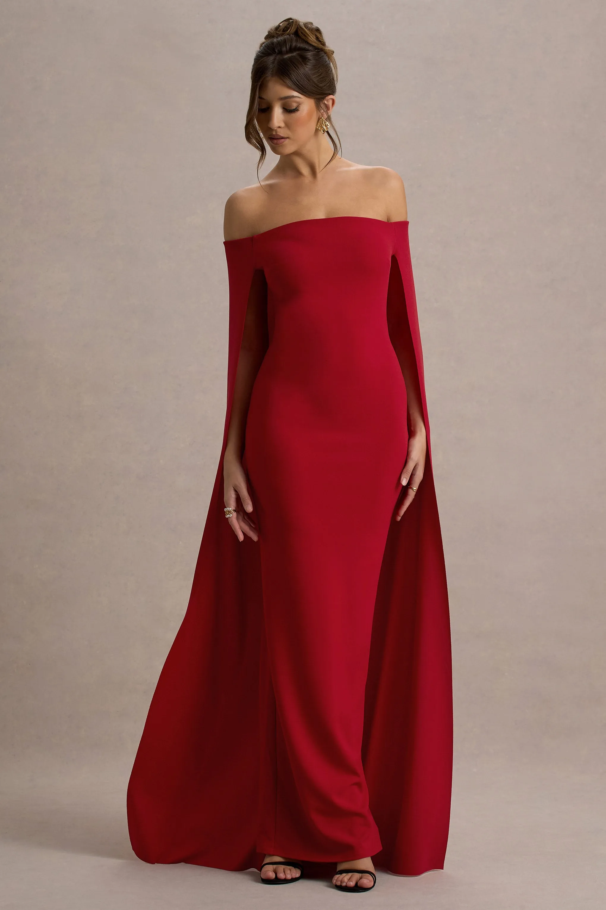 Genovia | Red Bardot Cape Maxi Dress Club L London