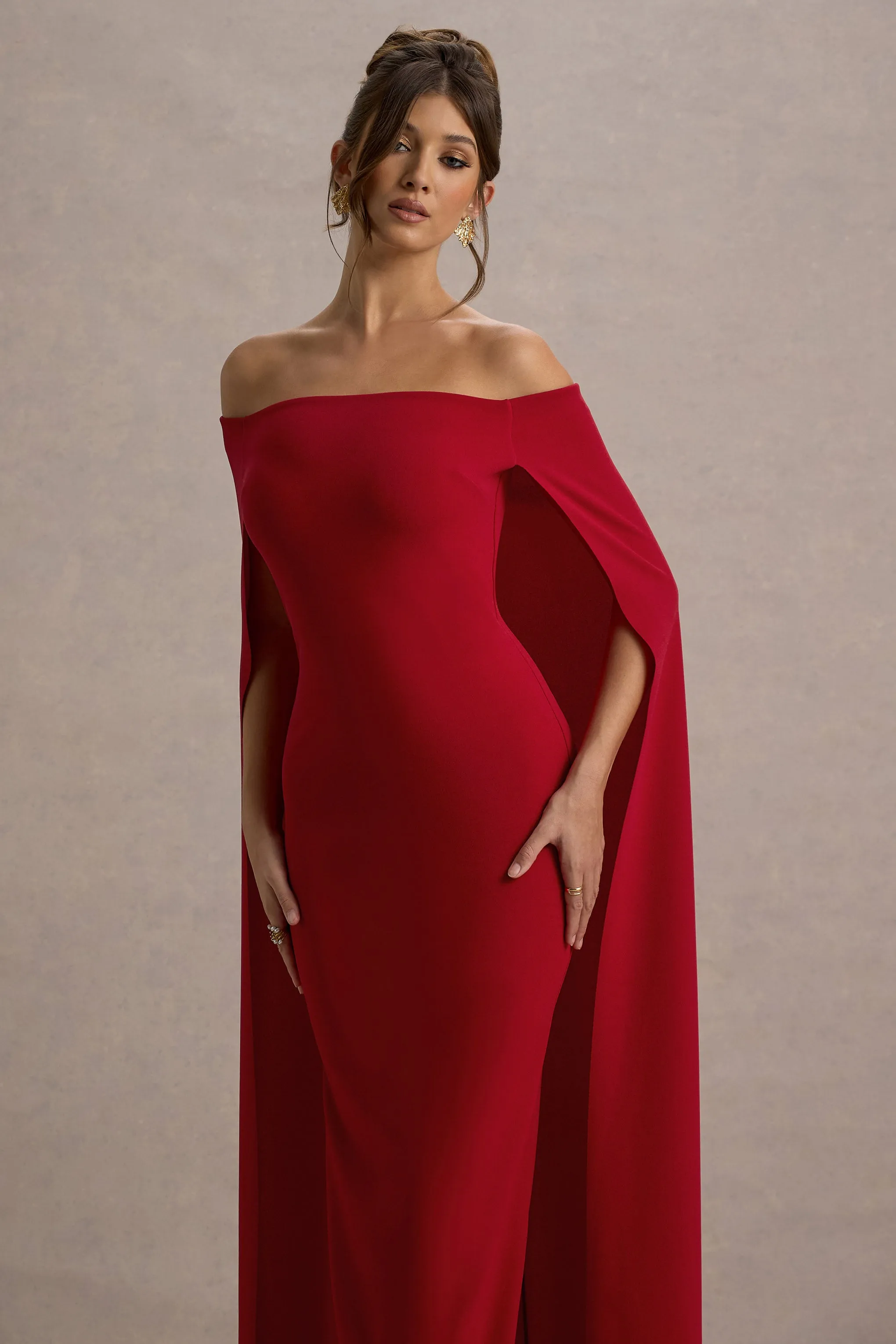 Genovia | Red Bardot Cape Maxi Dress Club L London