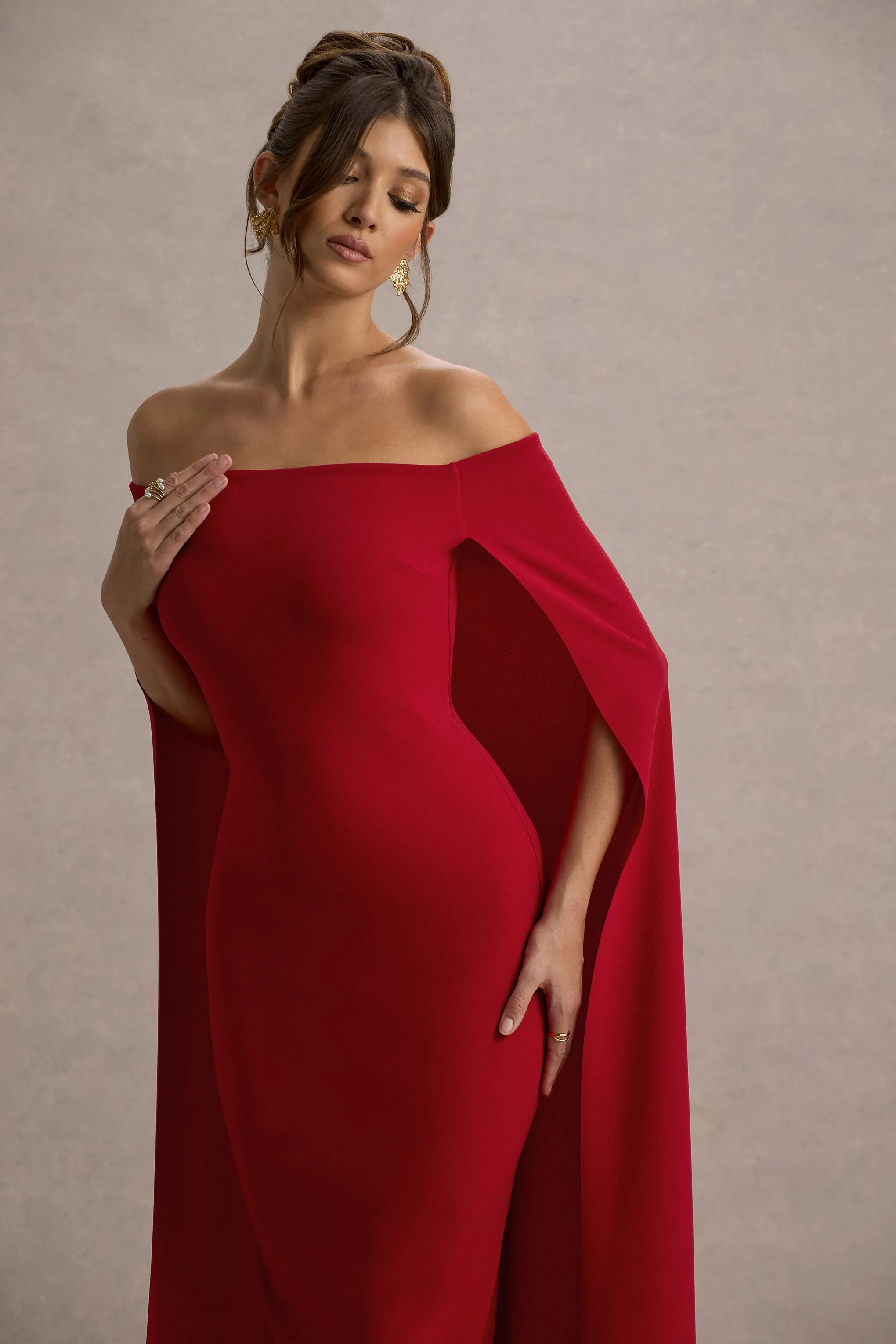 Genovia | Red Bardot Cape Maxi Dress Club L London