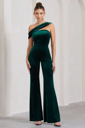 Georgia | Bottle Green Velvet Asymmetric Wide-Leg Jumpsuit Club L London