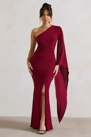 Giada | Berry Ruched One Shoulder Cape Sleeve Maxi Dress Club L London