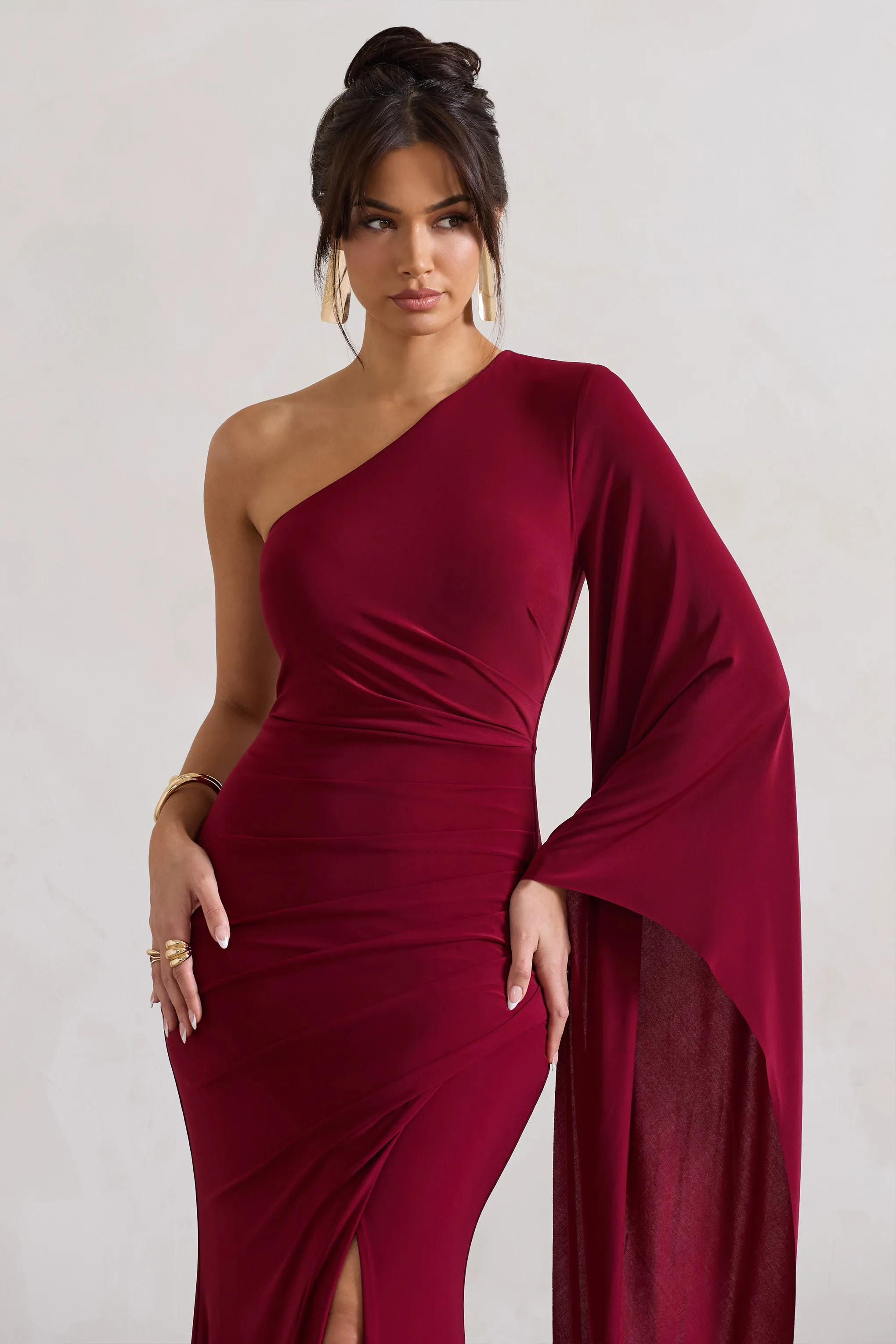 Giada | Berry Ruched One Shoulder Cape Sleeve Maxi Dress Club L London