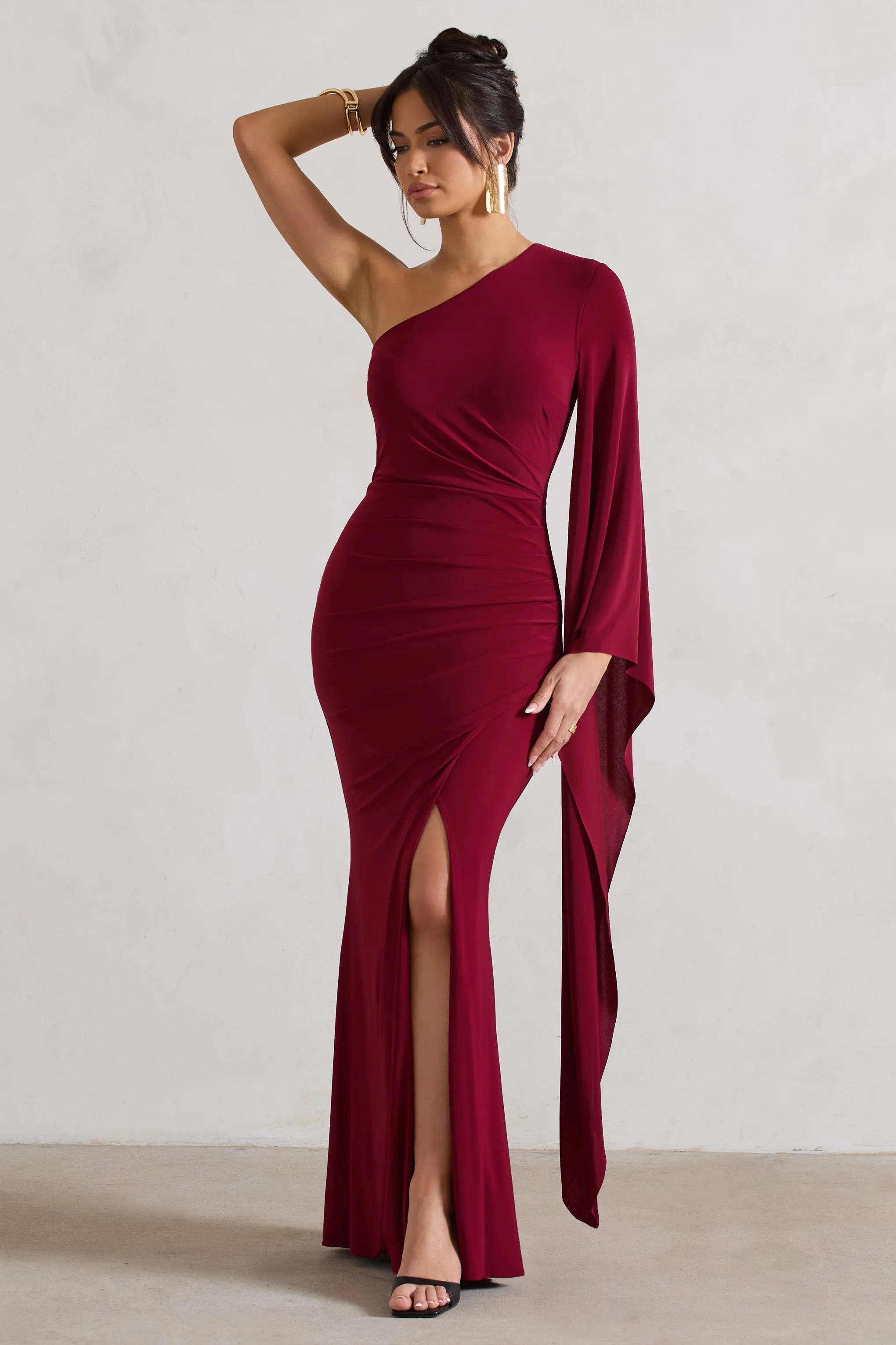 Giada | Berry Ruched One Shoulder Cape Sleeve Maxi Dress Club L London