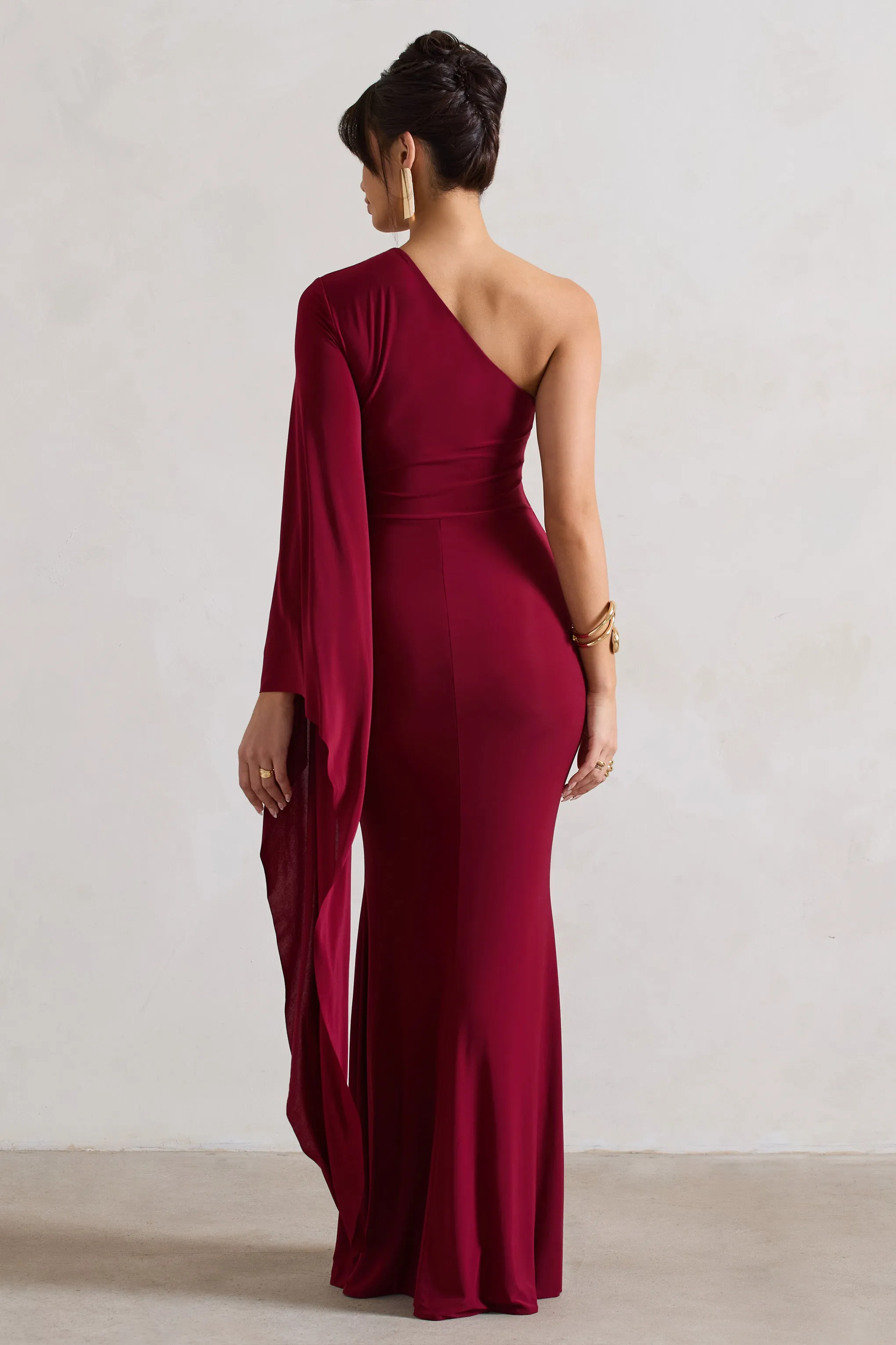 Giada | Berry Ruched One Shoulder Cape Sleeve Maxi Dress Club L London