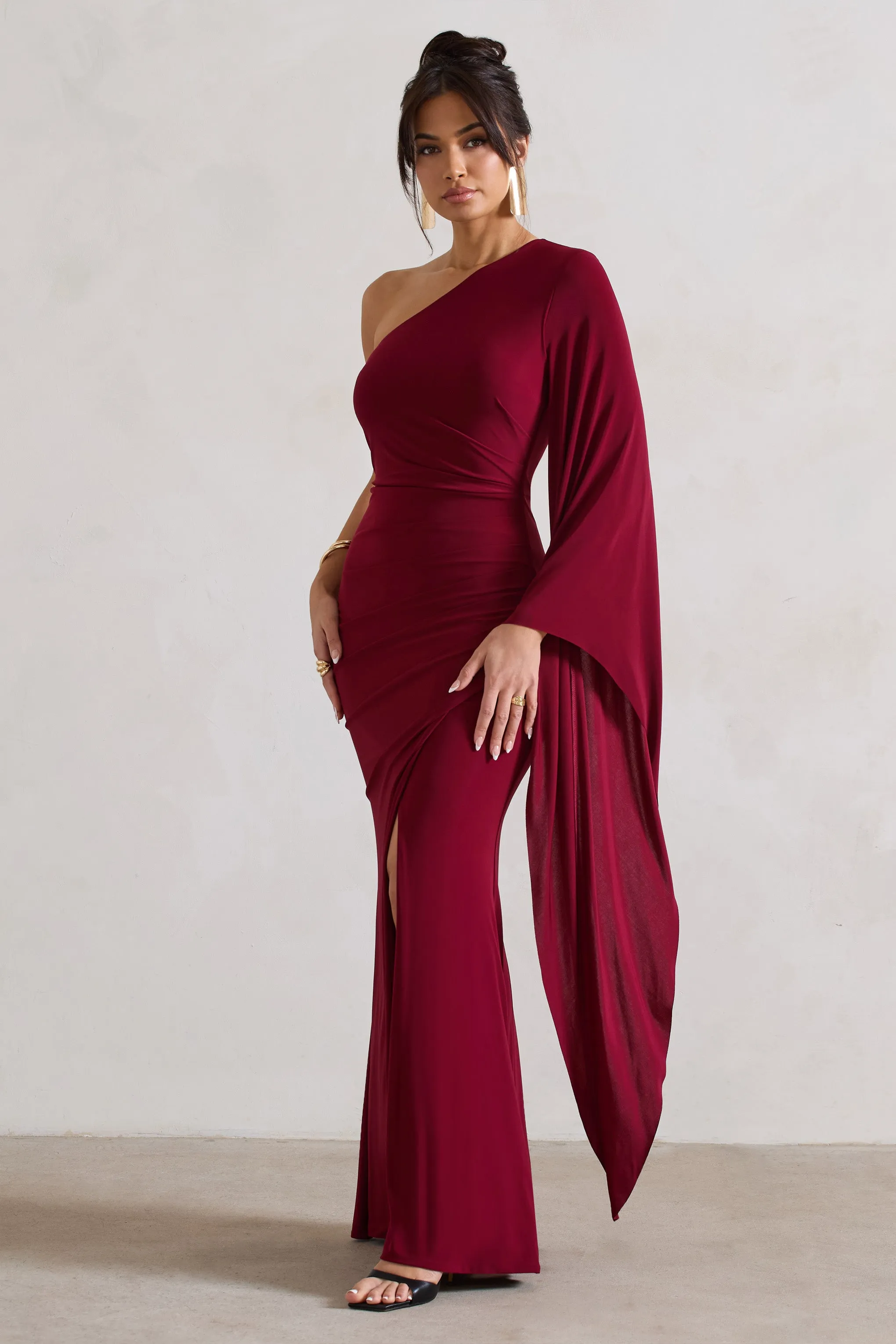 Giada | Berry Ruched One Shoulder Cape Sleeve Maxi Dress Club L London