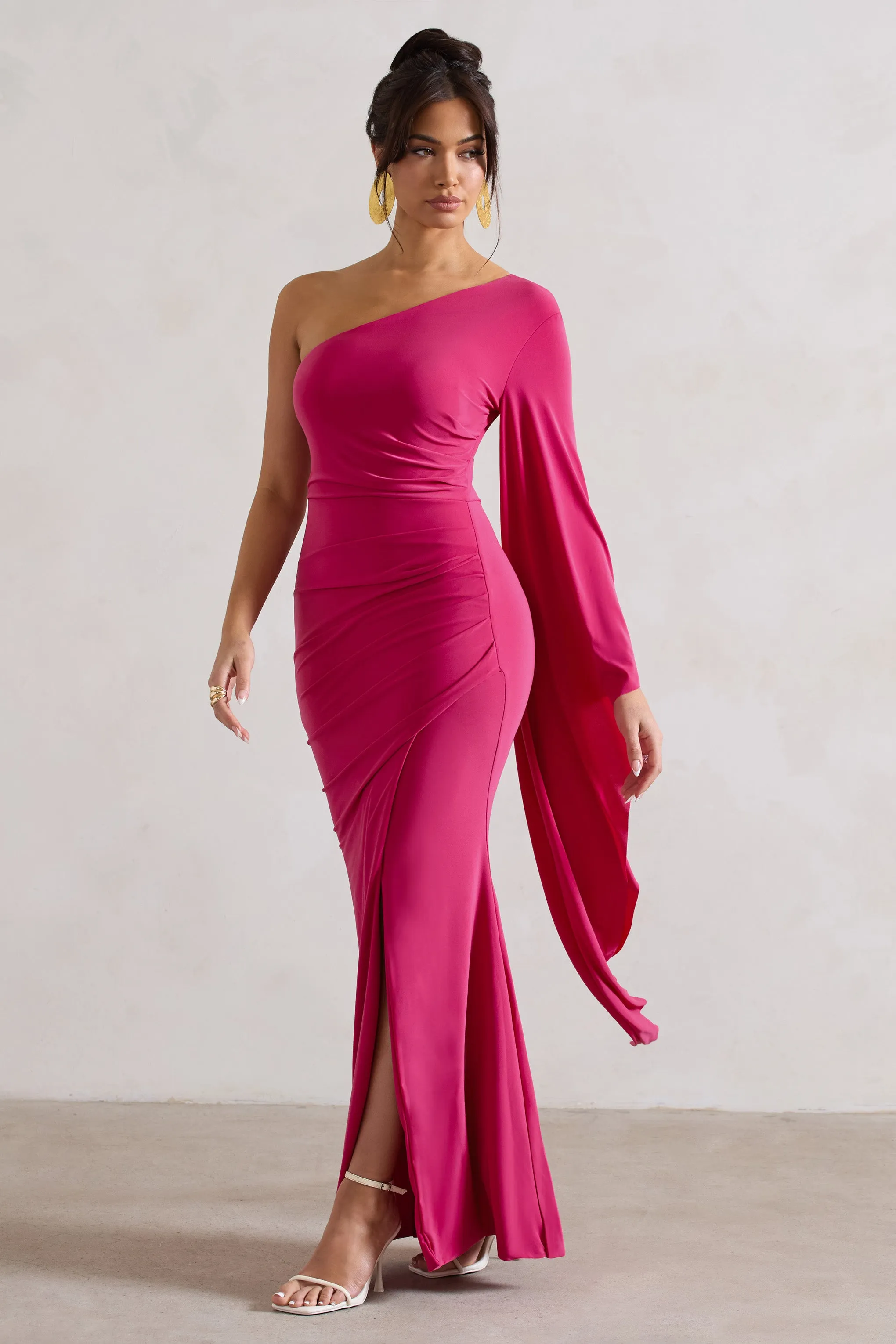 Giada | Dark Pink Ruched One Shoulder Cape Sleeve Maxi Dress Club L London